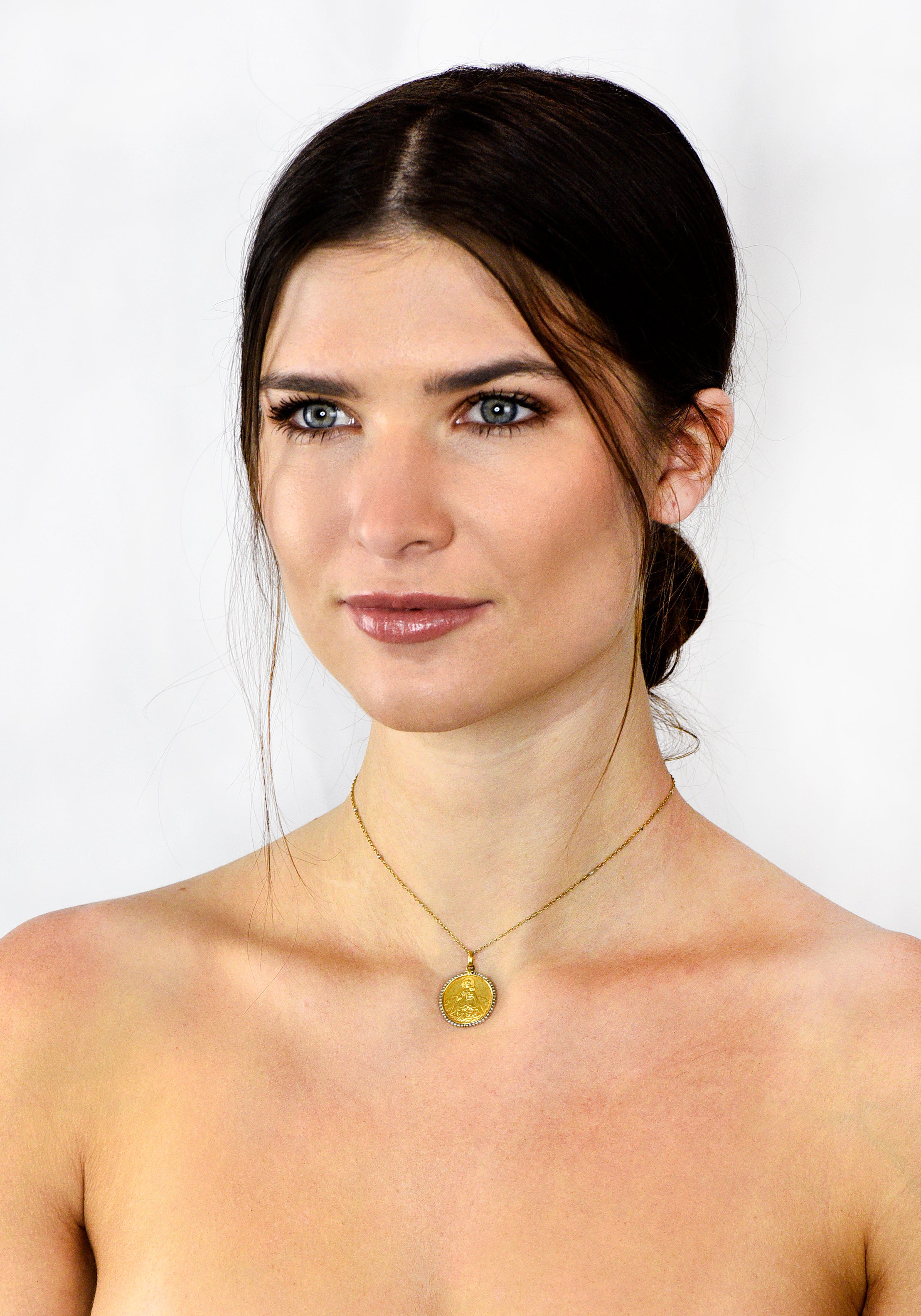 Felix Rasumny Art Nouveau Natural Freshwater Seed Pearl 18 Karat Gold Religious Medal NecklaceNecklace - Wilson's Estate Jewelry