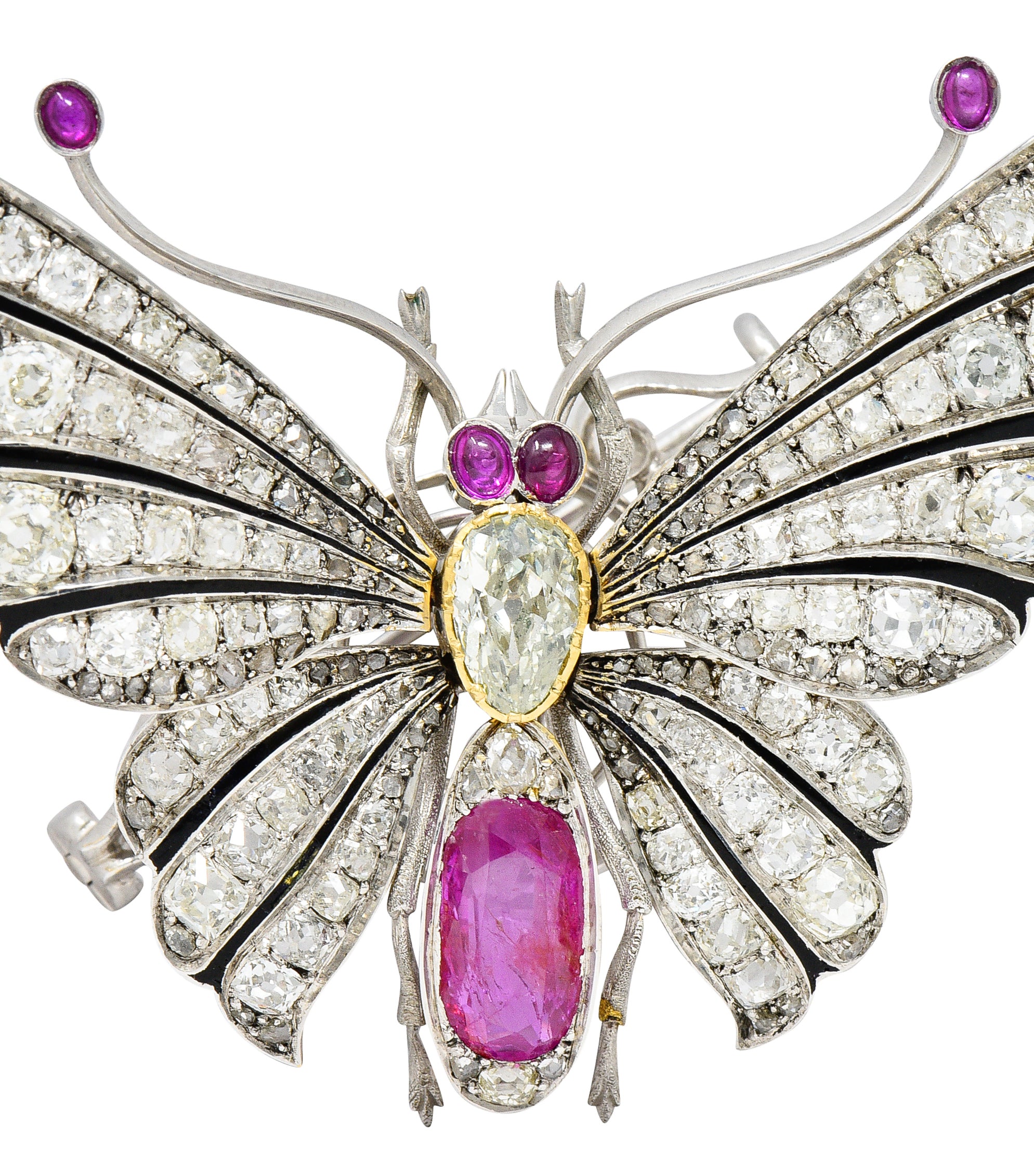 1860's Victorian 12.70 CTW Ruby Fancy Green Colored Diamond 18 Karat Gold Tremblant Butterfly Brooch GIA Wilson's Estate Jewelry