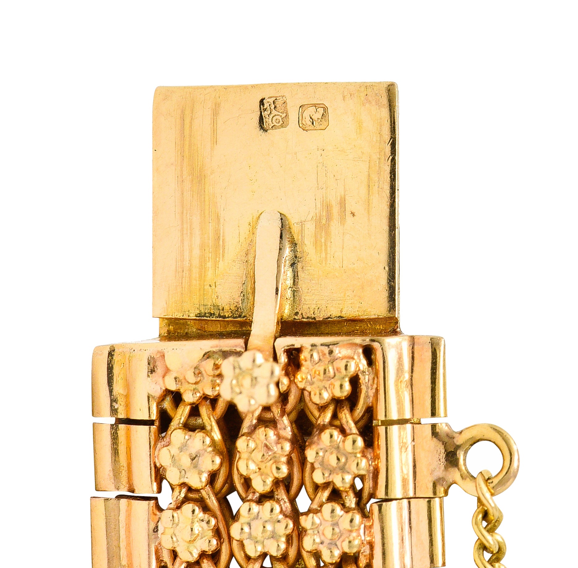 Victorian Etruscan Revival Gemstone Cabochon 18 Karat Yellow Gold Tassel Buckle Bracelet Wilson's Estate Jewelry