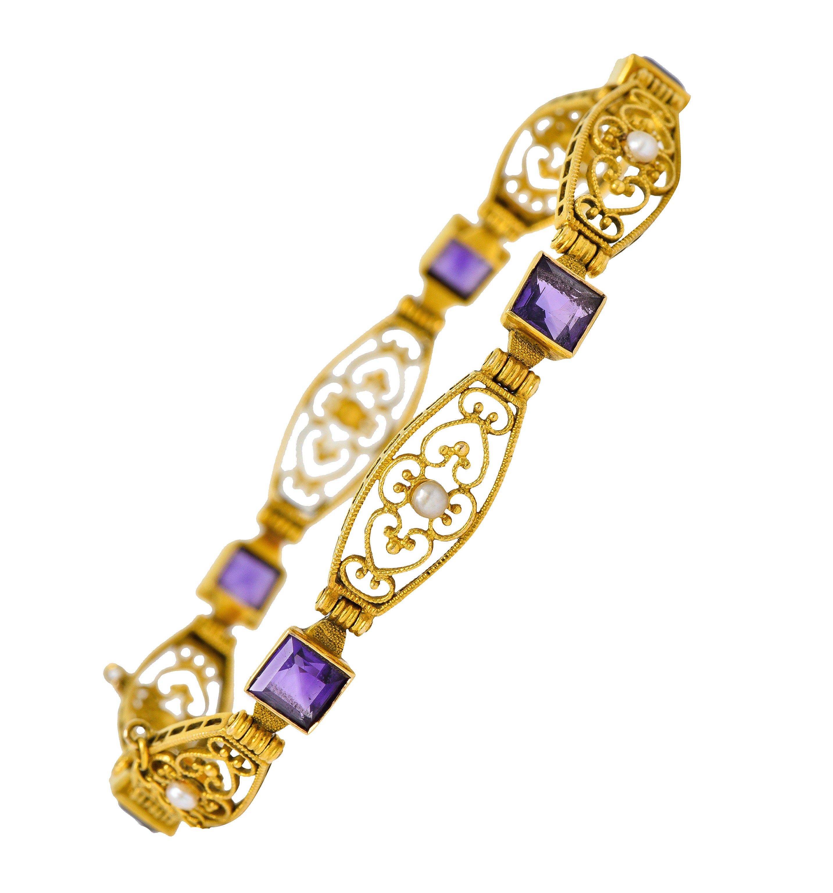 1905 Art Nouveau Amethyst Pearl 14 Karat Gold Link Braceletbracelet - Wilson's Estate Jewelry