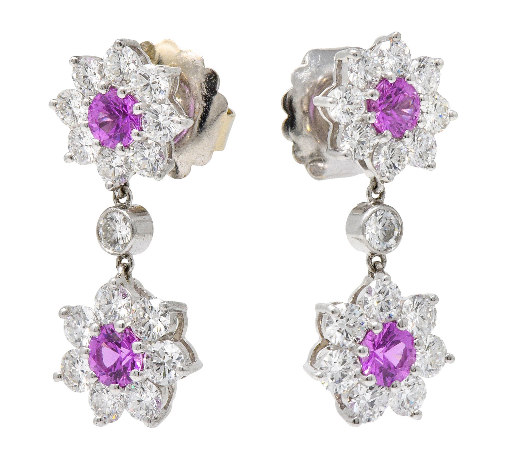 Modern 4.05 CTW Diamond Pink Sapphire Platinum Floral Cluster EarringsEarrings - Wilson's Estate Jewelry