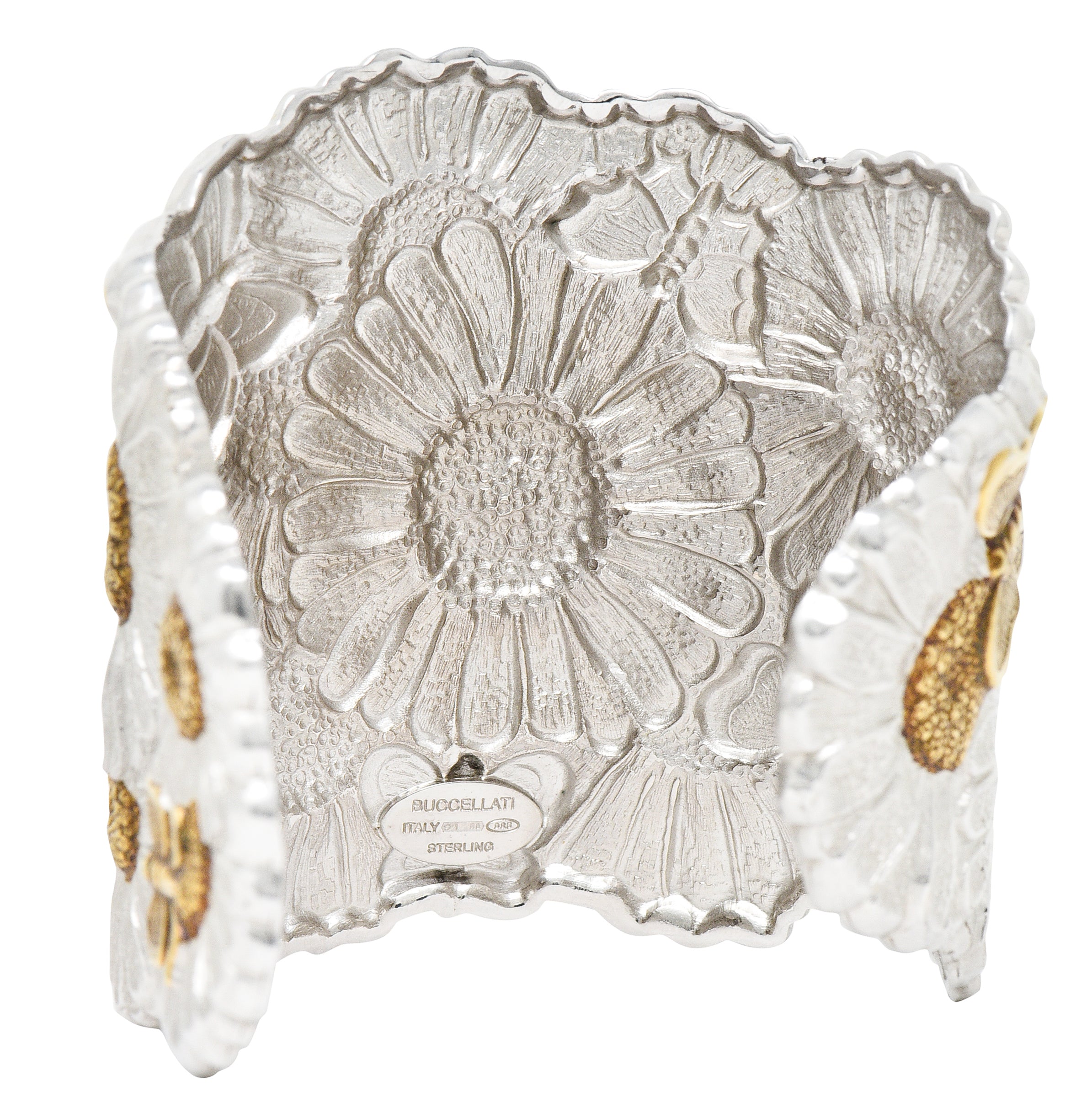 Buccellati Contemporary Italian Sterling Silver 22 Karat Gold Vermeil Butterfly Daisy Blossoms Cuff Bracelet Wilson's Estate Jewelry