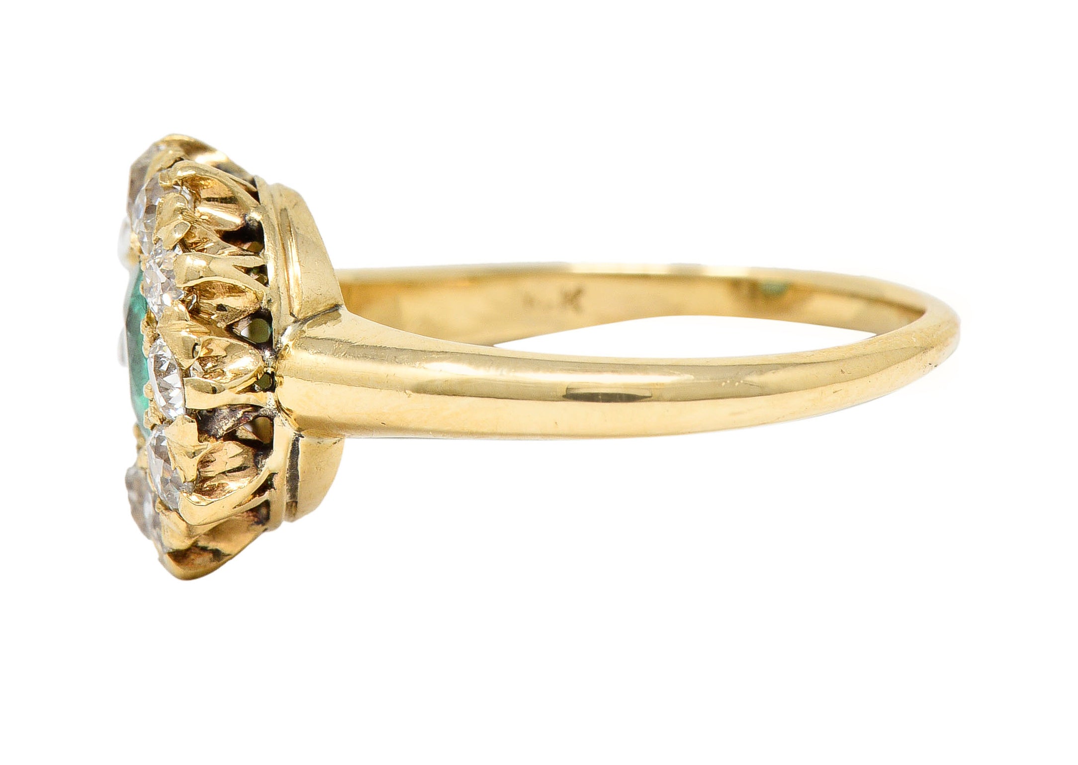 Victorian 1.52 CTW Cushion Cut Emerald Old Mine Cut Diamond 14 Karat Yellow Gold Antique Halo Ring Wilson's Estate Jewelry