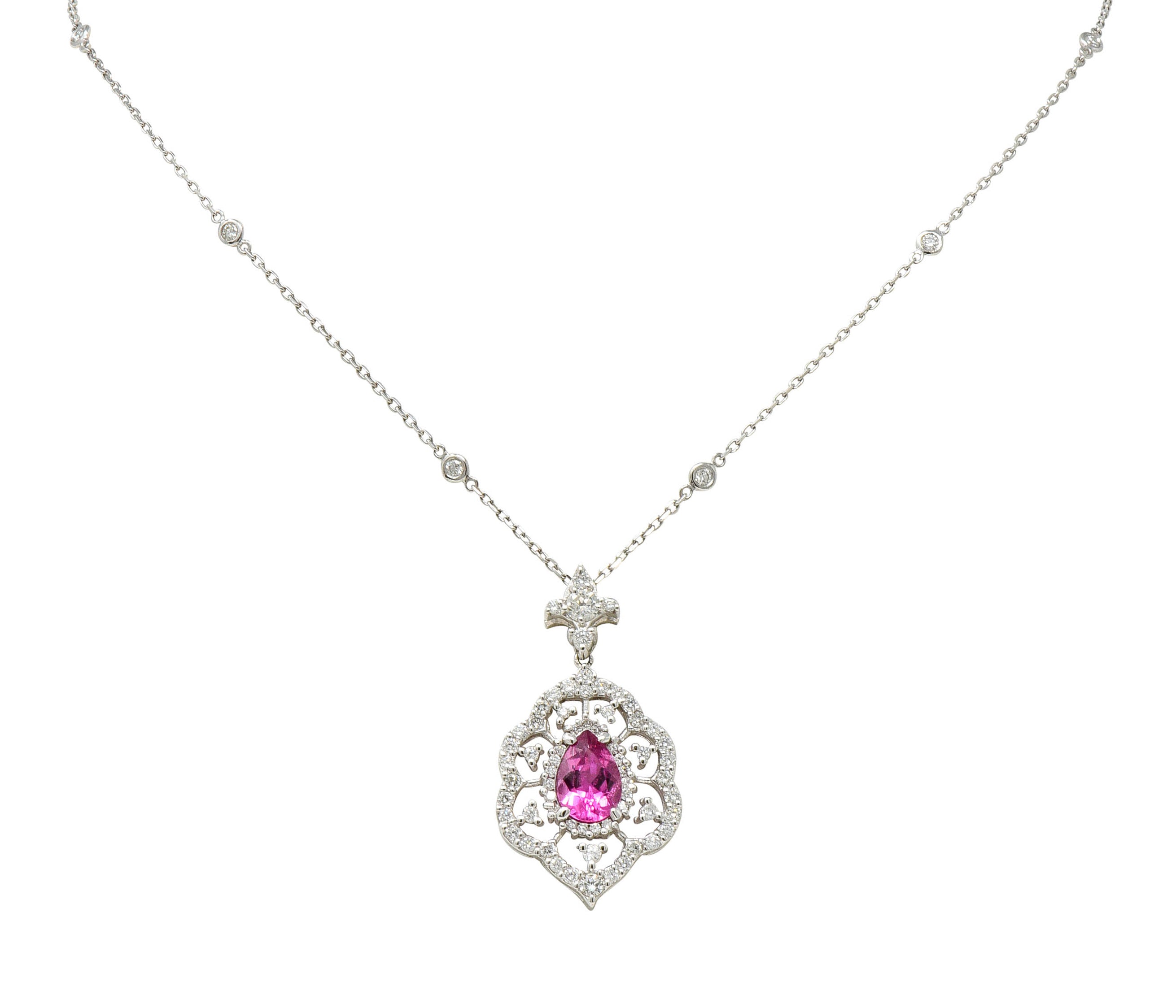 Pink Tourmaline Diamond 18 Karat White Gold Cluster Pendant NecklaceNecklace - Wilson's Estate Jewelry