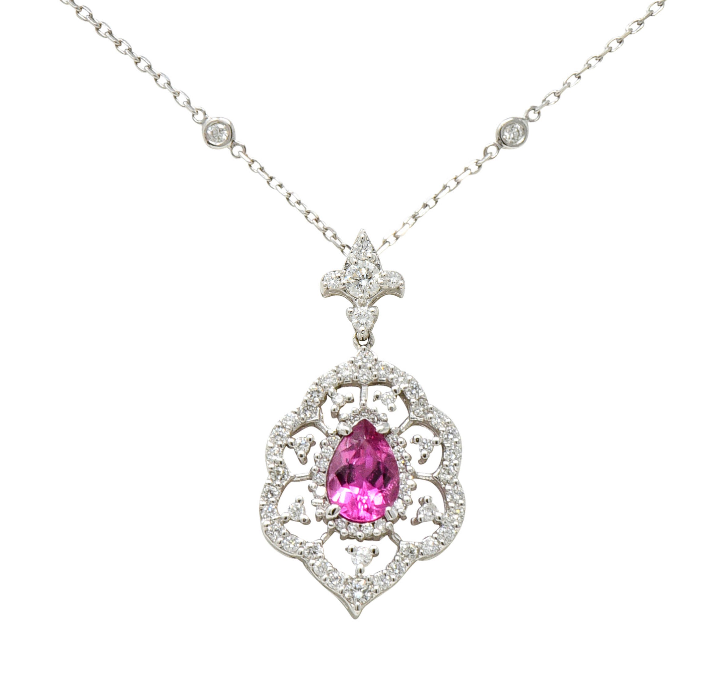Pink Tourmaline Diamond 18 Karat White Gold Cluster Pendant NecklaceNecklace - Wilson's Estate Jewelry