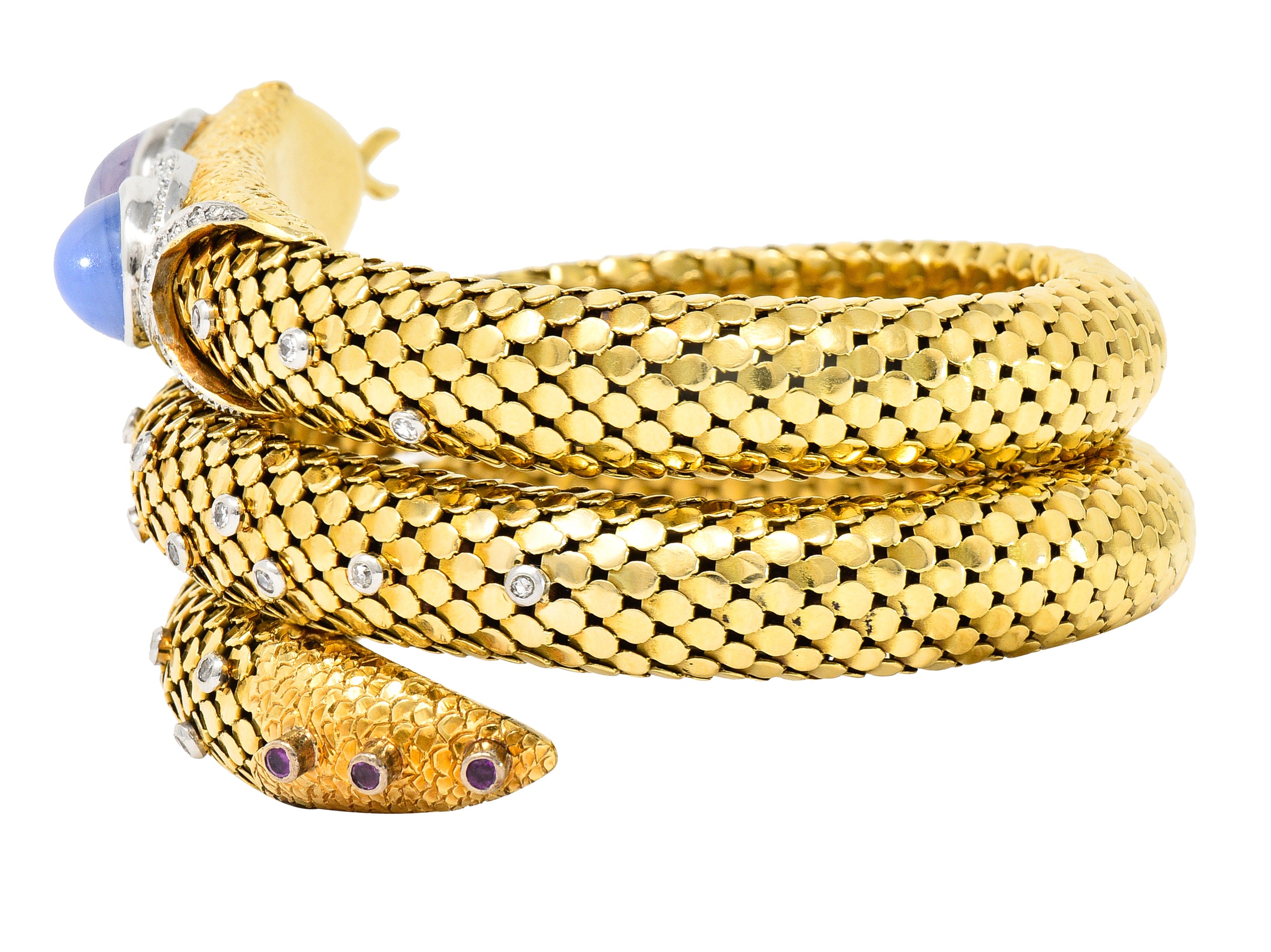 Mid-Century Star Sapphire Ruby Diamond Platinum 14 Karat Yellow Gold Snake Vintage Wrap Bracelet Wilson's Estate Jewelry