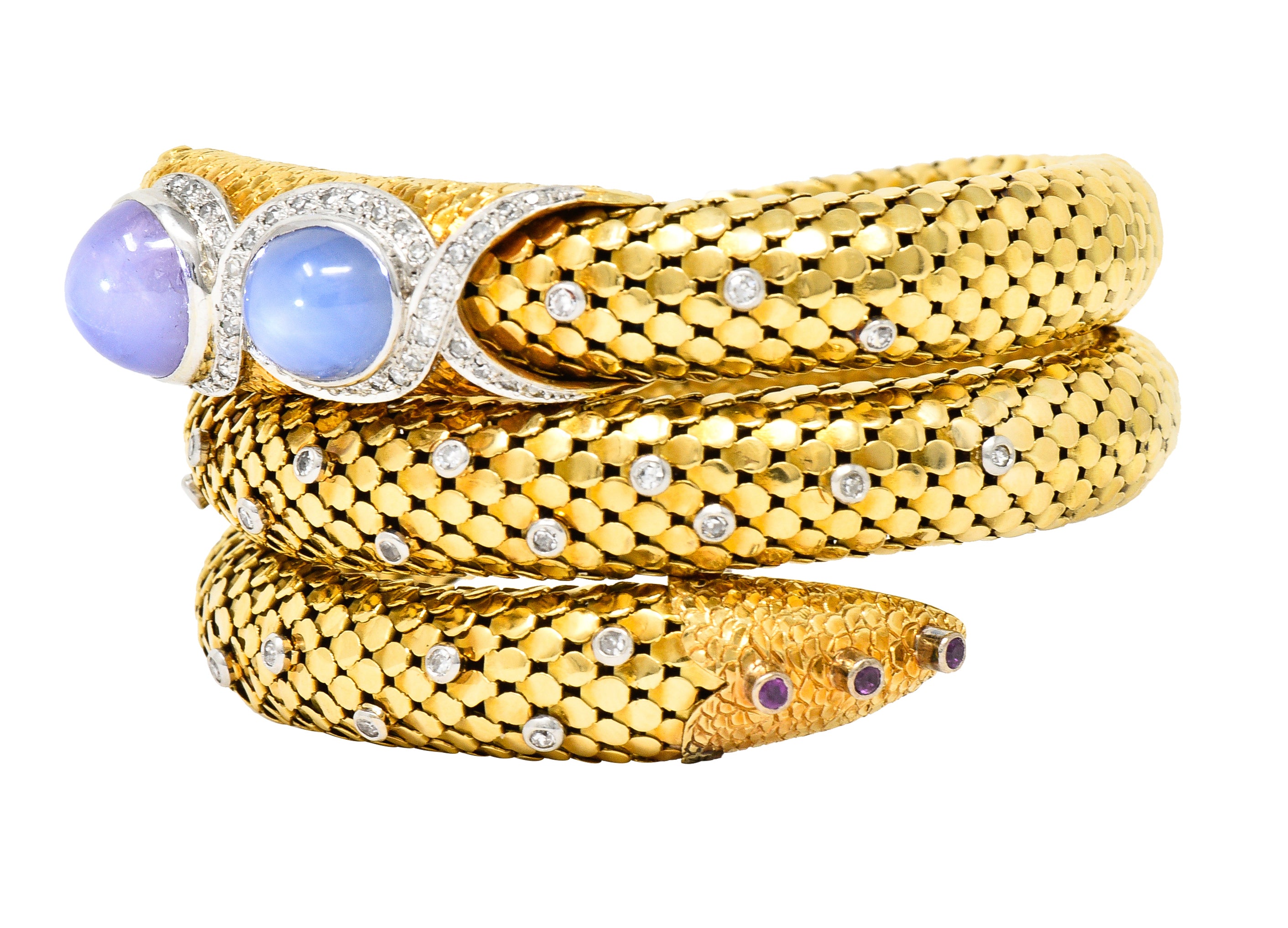 Mid-Century Star Sapphire Ruby Diamond Platinum 14 Karat Yellow Gold Snake Vintage Wrap Bracelet Wilson's Estate Jewelry