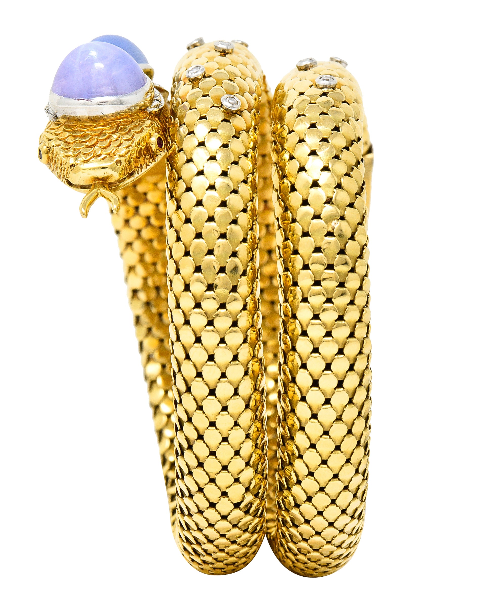 Mid-Century Star Sapphire Ruby Diamond Platinum 14 Karat Yellow Gold Snake Vintage Wrap Bracelet Wilson's Estate Jewelry