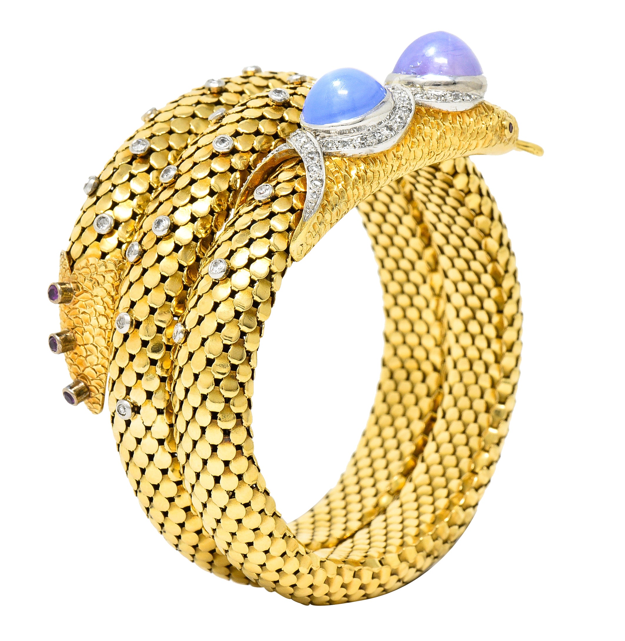 Mid-Century Star Sapphire Ruby Diamond Platinum 14 Karat Yellow Gold Snake Vintage Wrap Bracelet Wilson's Estate Jewelry