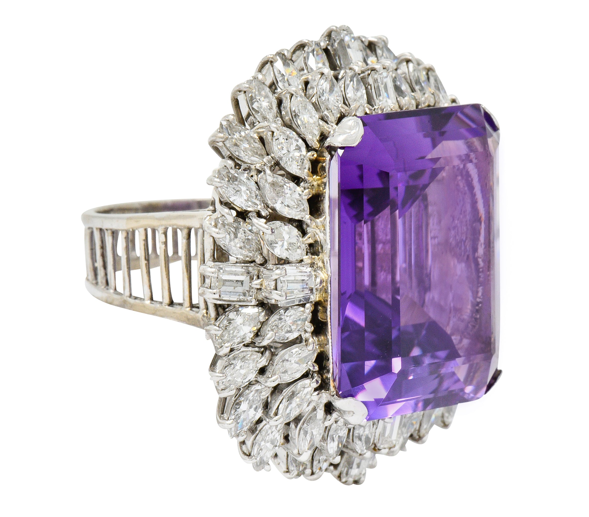 Large Vintage Amethyst 6.00 CTW Diamond 18 Karat White Gold Cluster RingRing - Wilson's Estate Jewelry