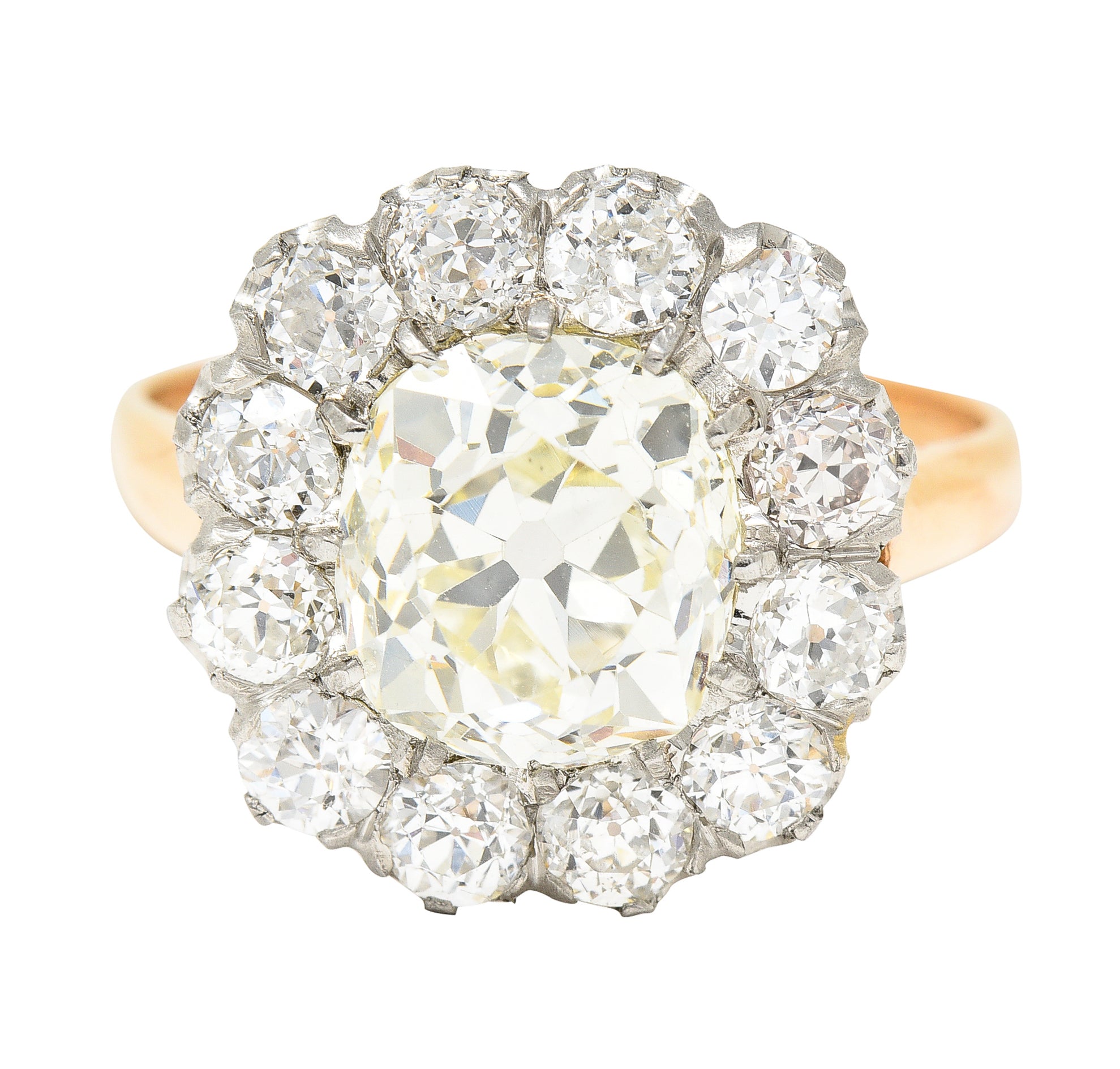 Edwardian 4.16 CTW Old Mine Old European Cut Diamond Platinum-Topped 18 Karat Yellow Gold Cluster Antique Engagement Ring Wilson's Estate Jewelry
