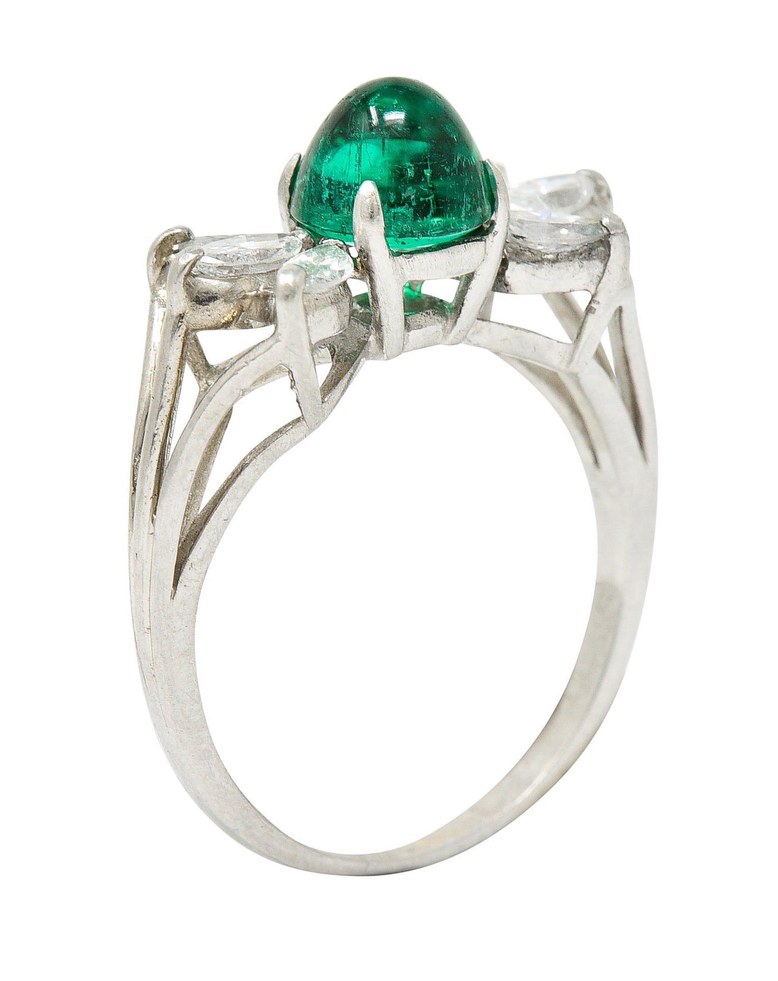 1950's Mid-Century 2.13 CTW Colombian Emerald Diamond Platinum Bow Cluster Ring AGLRing - Wilson's Estate Jewelry