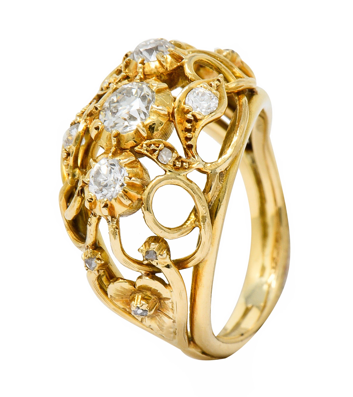 Arts and Crafts Diamond 18 Karat Gold Foliate Filigree Band RingRing - Wilson's Estate Jewelry