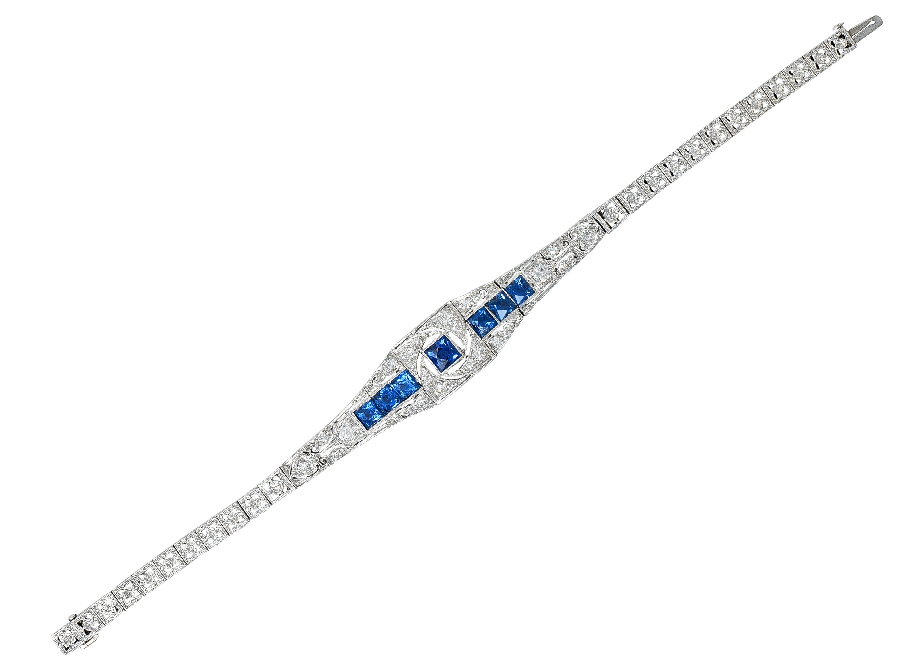 Brassler & Co. Art Deco 3.25 CTW Sapphire Diamond Platinum-Topped 14 Karat Gold Floral Link Bracelet Wilson's Estate Jewelry