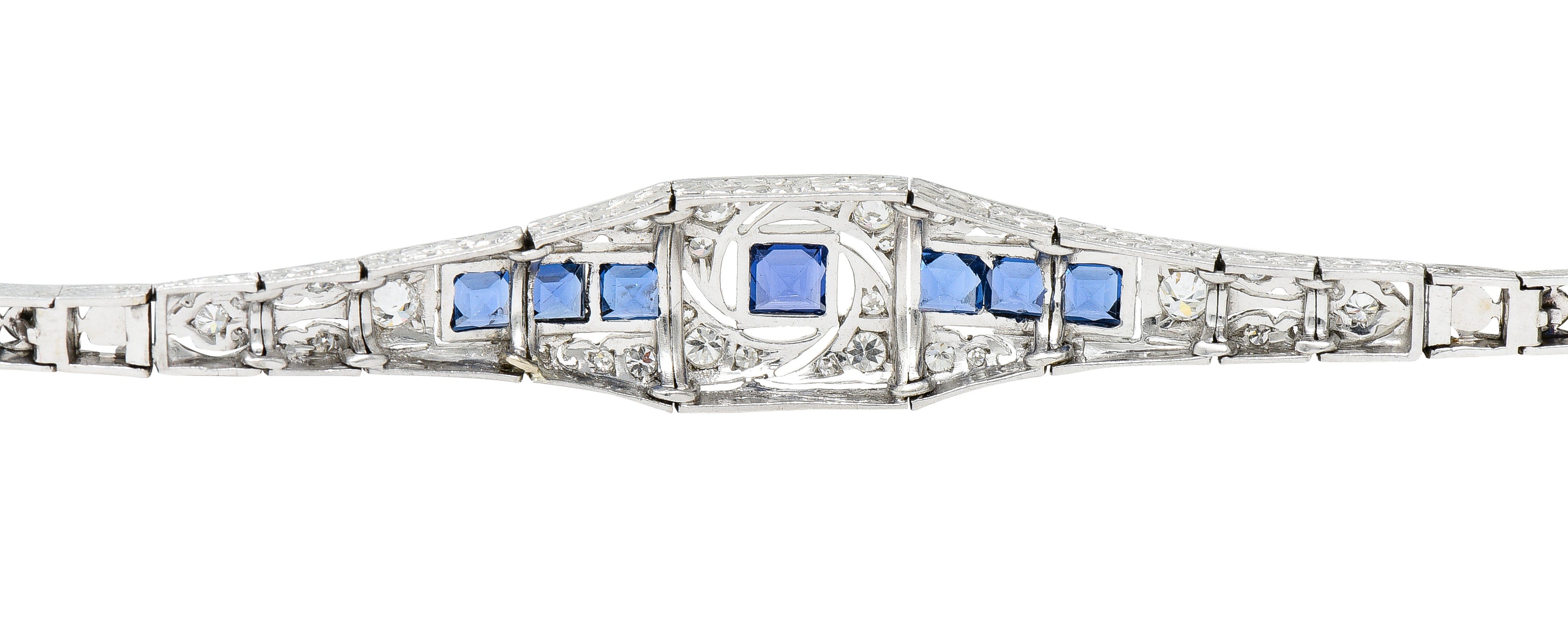 Brassler & Co. Art Deco 3.25 CTW Sapphire Diamond Platinum-Topped 14 Karat Gold Floral Link Bracelet Wilson's Estate Jewelry