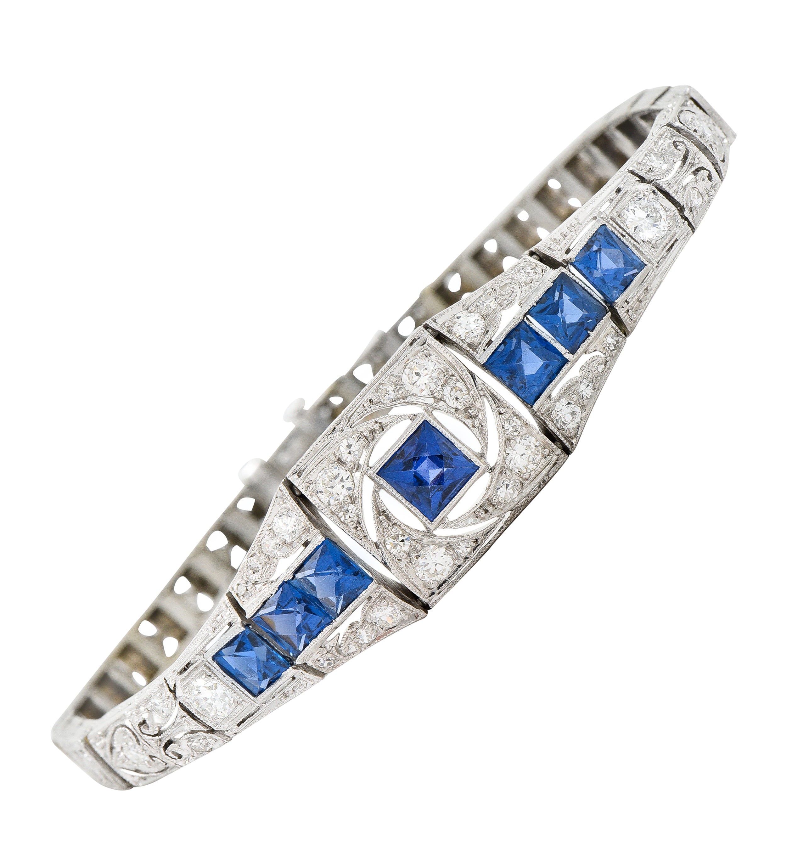 Brassler & Co. Art Deco 3.25 CTW Sapphire Diamond Platinum-Topped 14 Karat Gold Floral Link Bracelet Wilson's Estate Jewelry