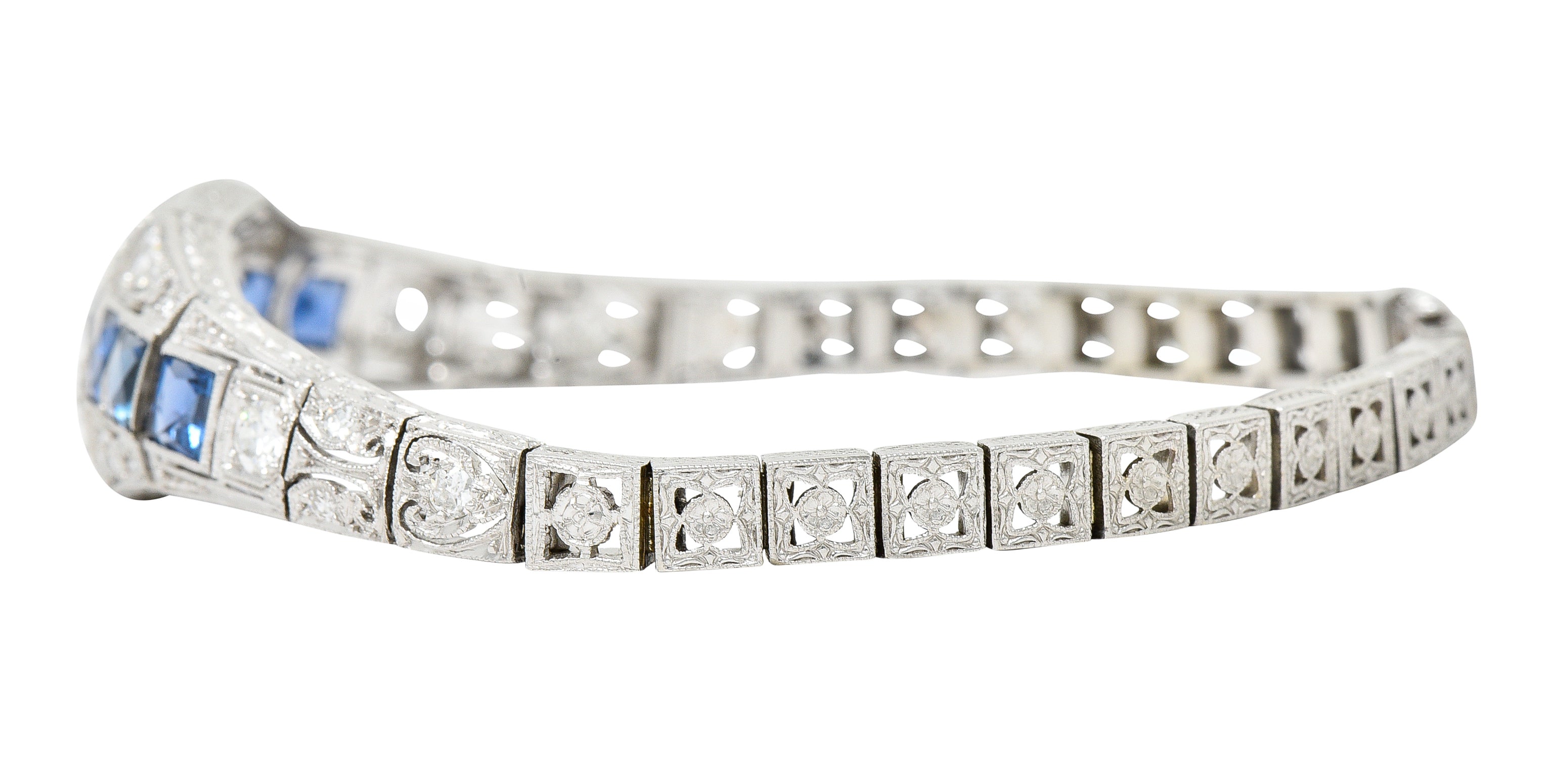 Brassler & Co. Art Deco 3.25 CTW Sapphire Diamond Platinum-Topped 14 Karat Gold Floral Link Bracelet Wilson's Estate Jewelry