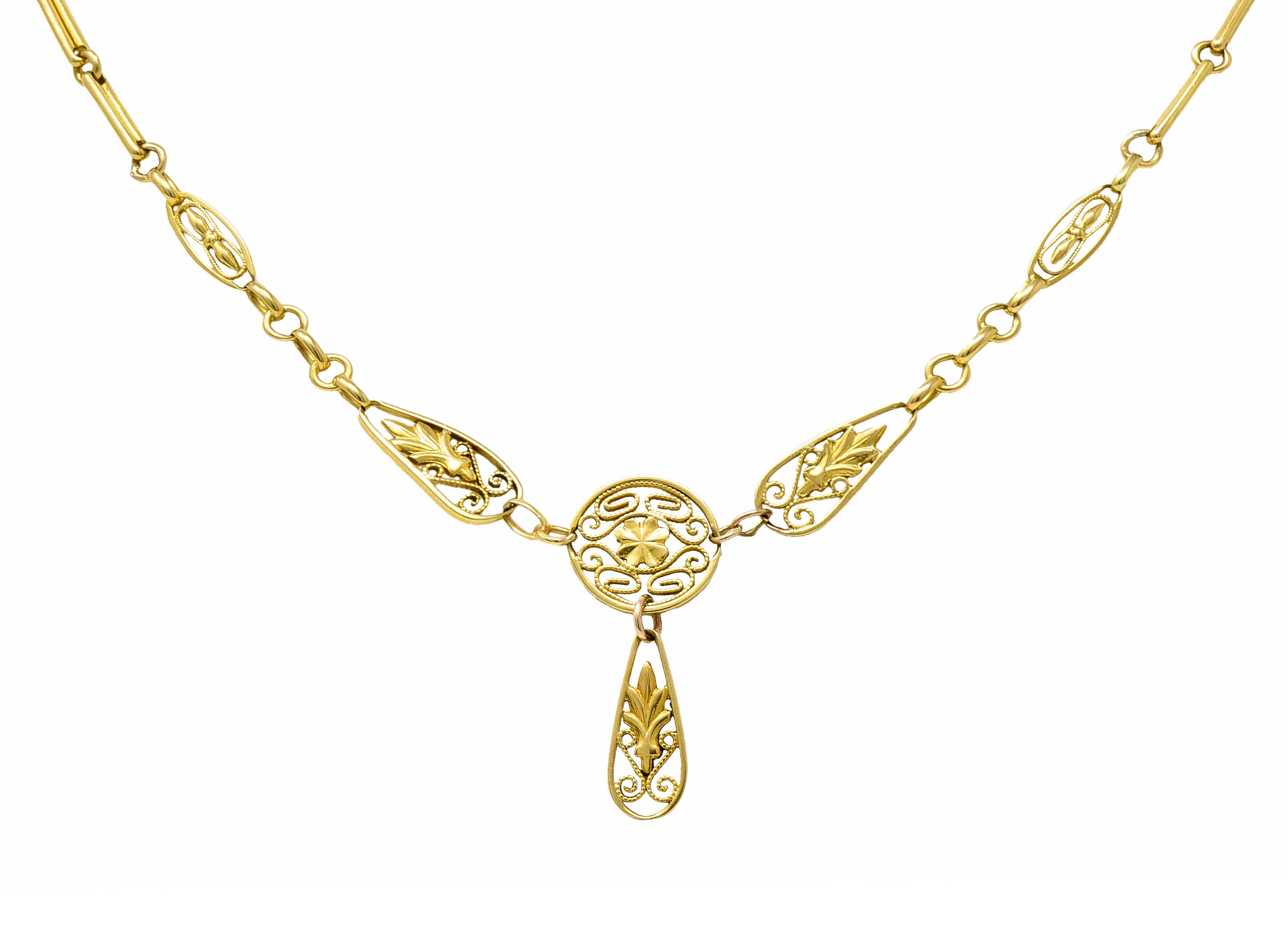 French Art Nouveau 18 Karat Gold Four Leaf Clover Foliate Link NecklaceNecklace - Wilson's Estate Jewelry
