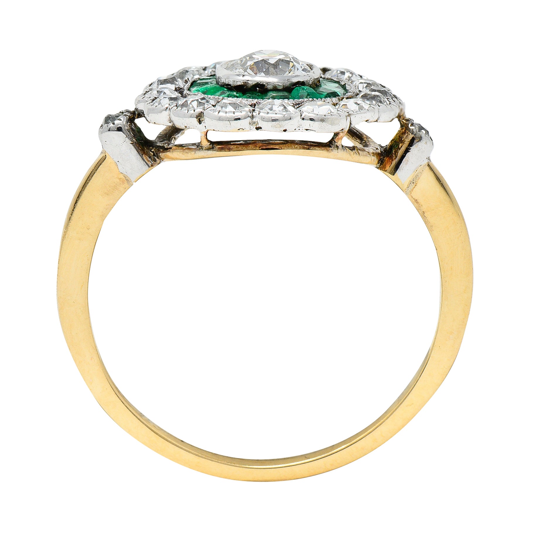 Edwardian 1.74 CTW Old European Cut Diamond Emerald Platinum-Topped 18 Karat Yellow Gold Antique Double Halo Ring Wilson's Estate Jewelry