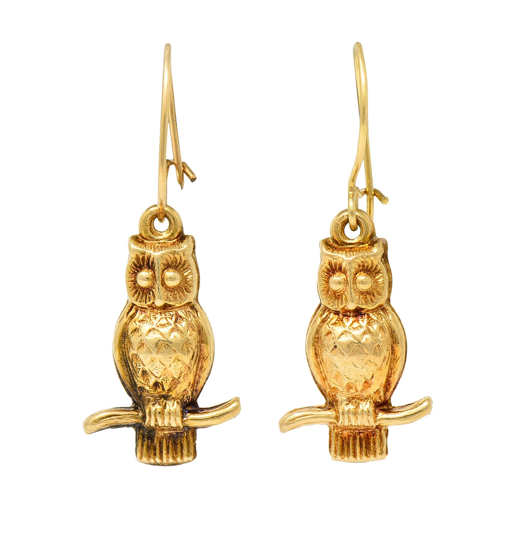 1905 Art Nouveau 14 Karat Gold Owl Drop EarringsEarrings - Wilson's Estate Jewelry