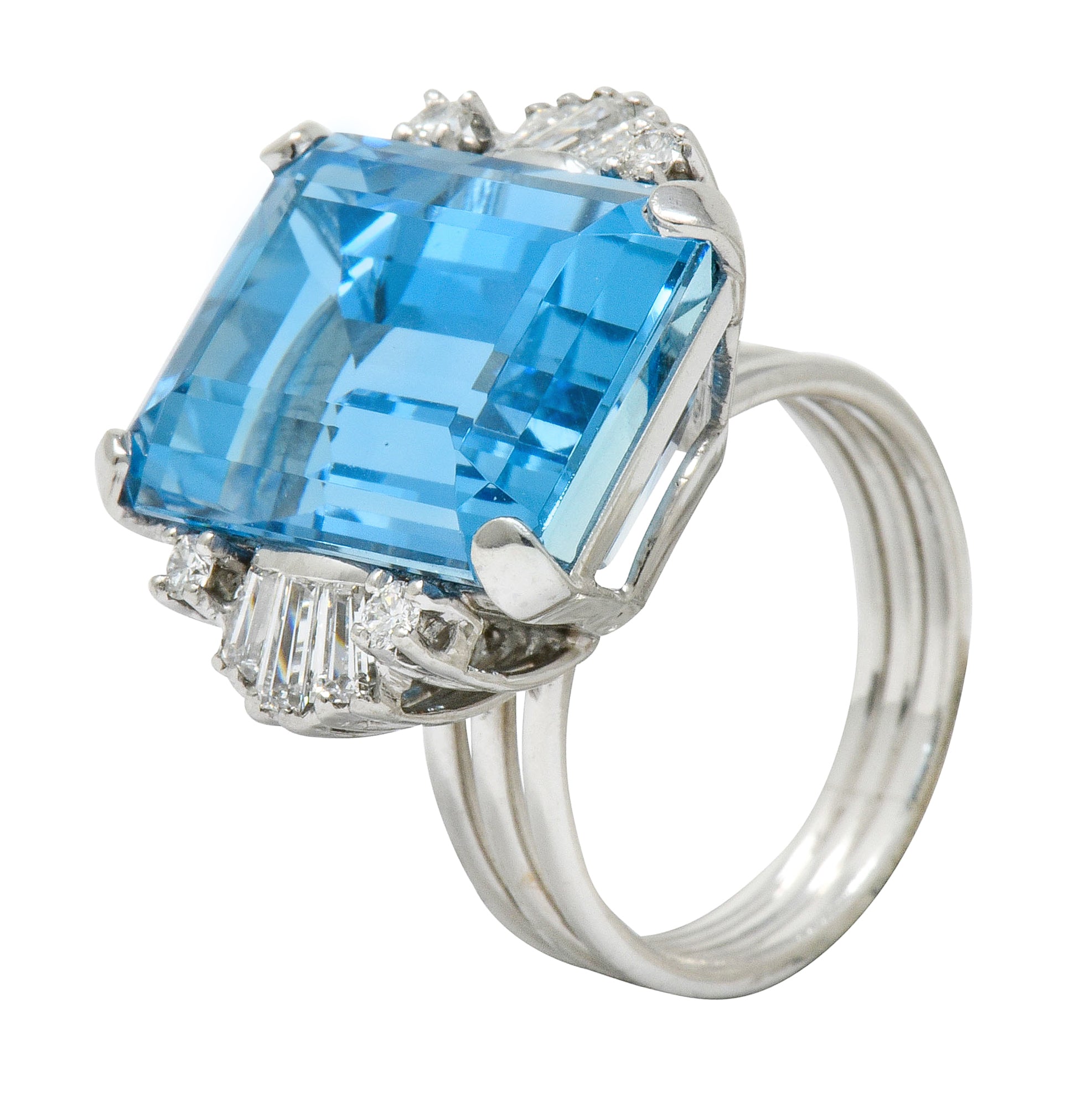 .11111 *1950's Mid-Century 15.40 CTW Aquamarine Diamond Platinum Cocktail Ring - Wilson's Estate Jewelry