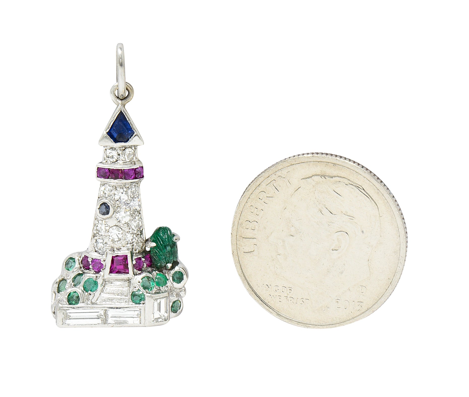 Art Deco 1.07 CTW Diamond Sapphire Emerald Ruby Platinum Lighthouse Charm Wilson's Estate Jewelry