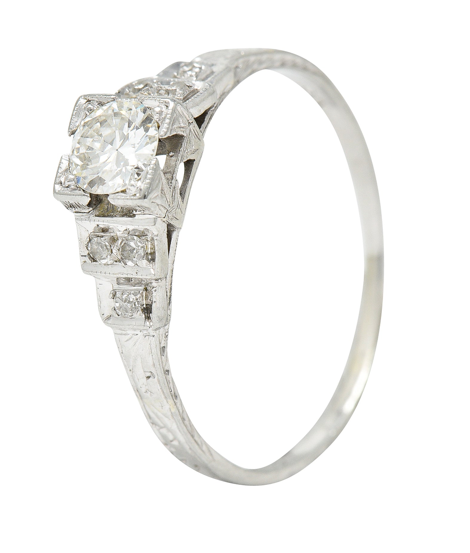 Art Deco 0.40 CTW Diamond 18 Karat White Gold Stepped Shoulder Engagement Ring Wilson's Estate Jewelry
