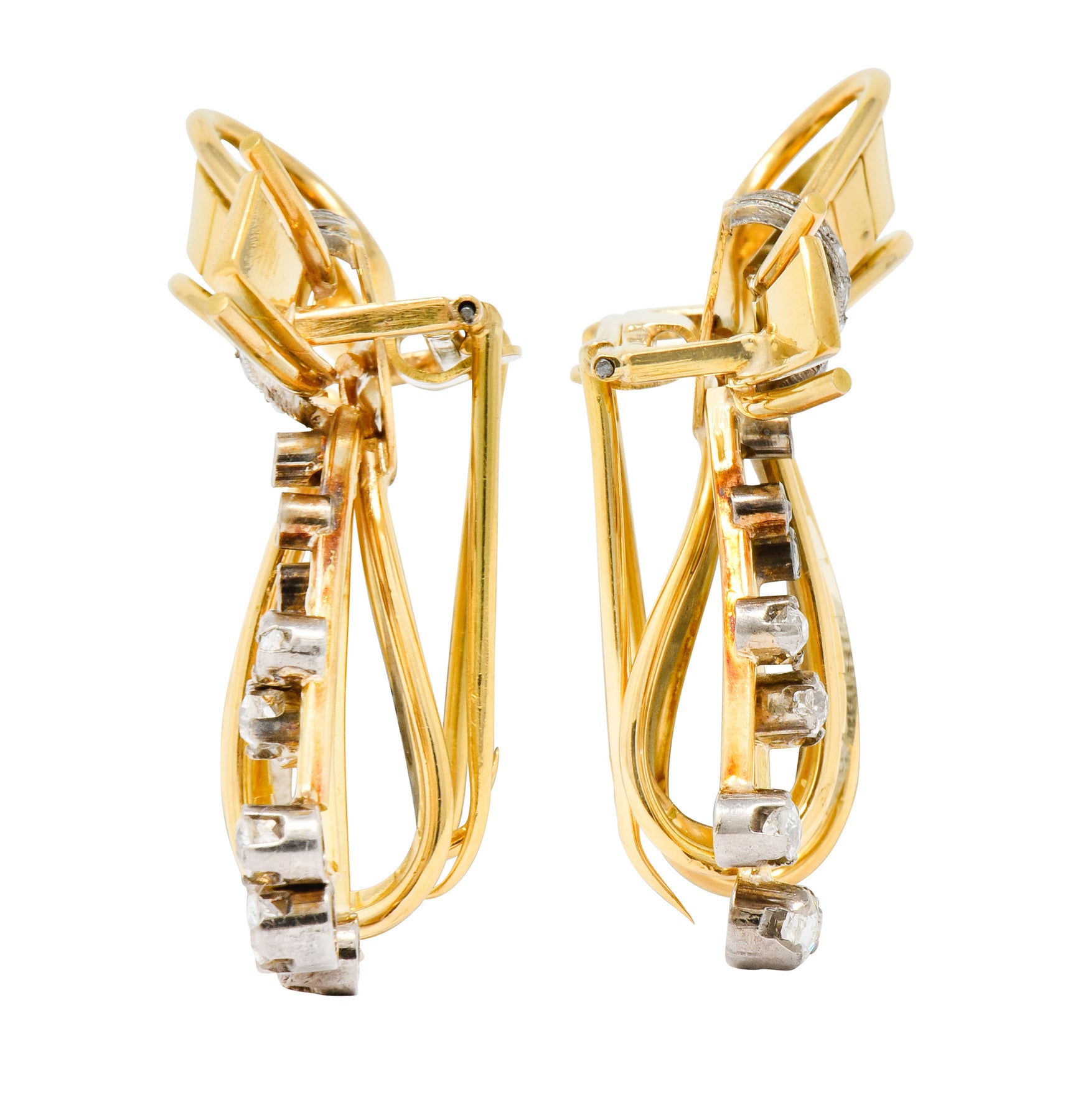 Retro 2.75 CTW Diamond 18 Karat Two-Tone Gold Bow Clips - Wilson's Estate Jewelry