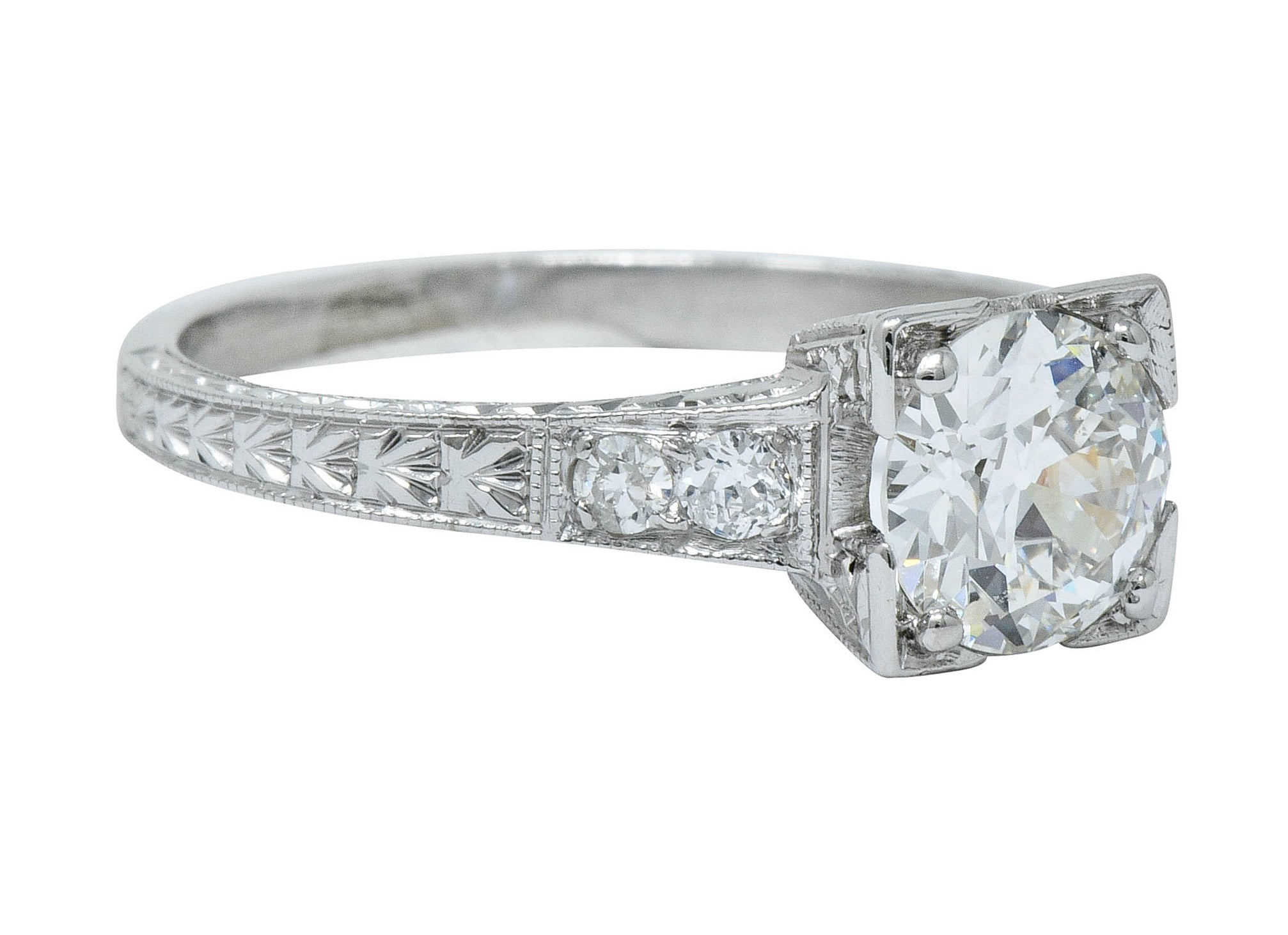 Art Deco 1.00 CTW Diamond Platinum Engraved Foliate Engagement Ring GIARing - Wilson's Estate Jewelry