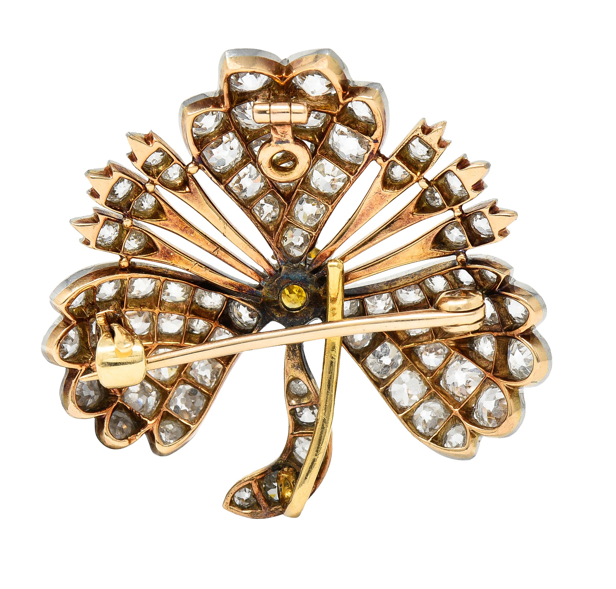 Edwardian 2.35 CTW Fancy Diamond & Diamond Platinum-Topped 18 Karat Gold Clover Pendant Brooch Wilson's Estate Jewelry