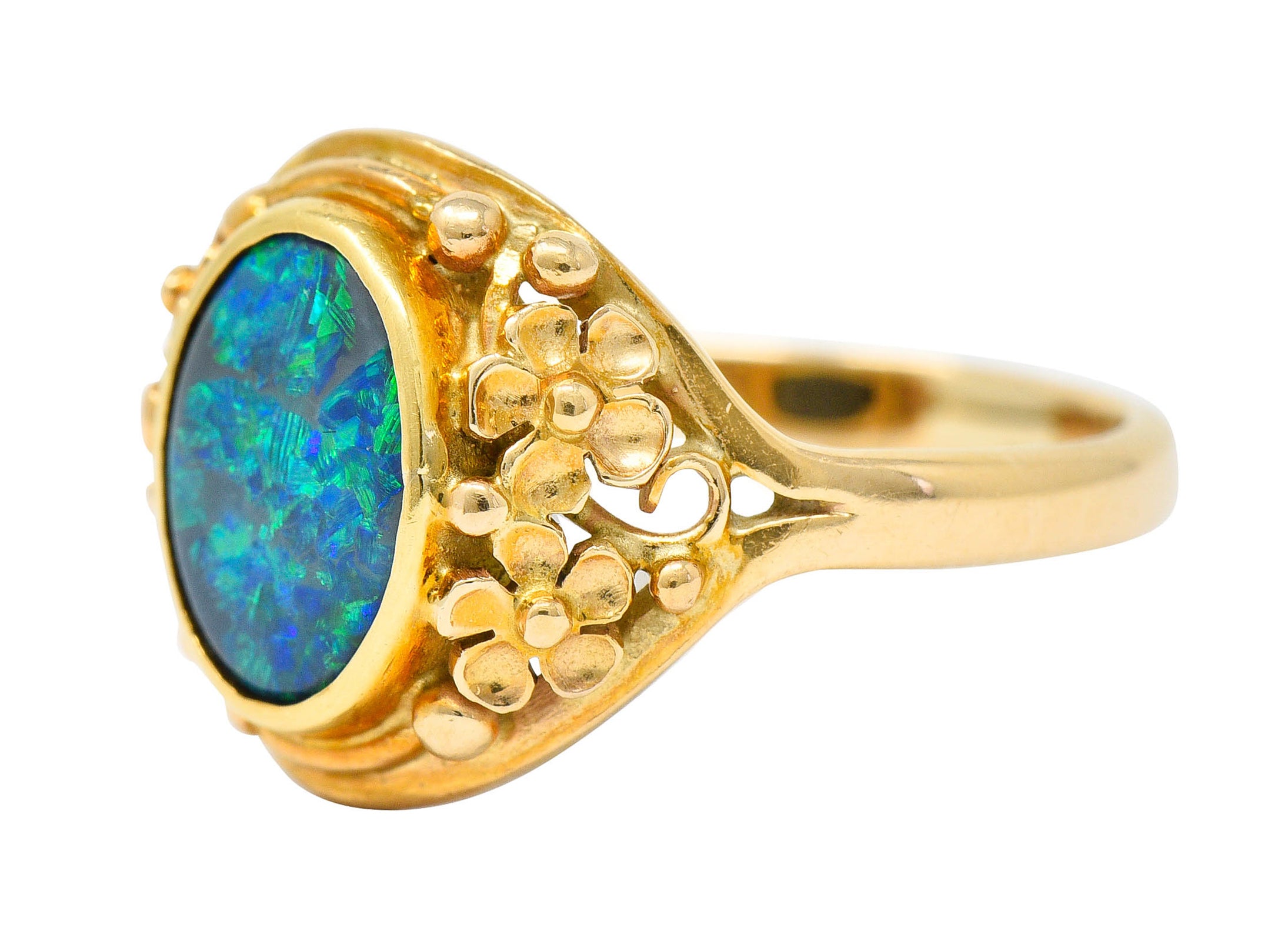 Art Nouveau 14 Karat Gold Black Opal Flower RingRing - Wilson's Estate Jewelry
