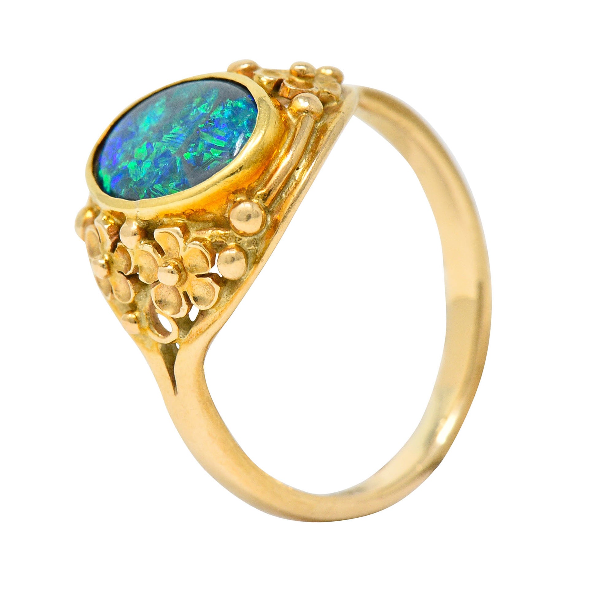 Art Nouveau 14 Karat Gold Black Opal Flower RingRing - Wilson's Estate Jewelry