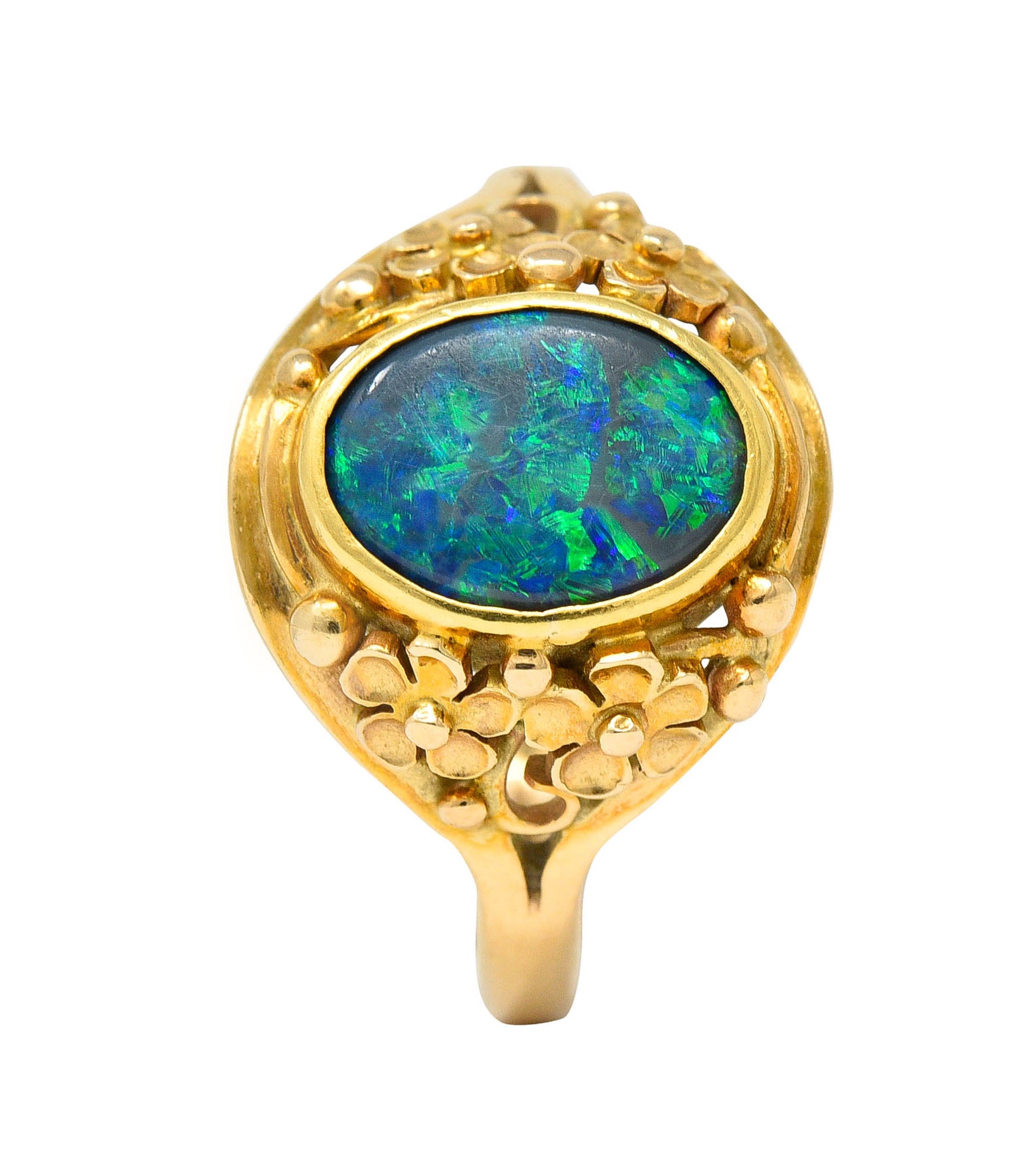 Art Nouveau 14 Karat Gold Black Opal Flower RingRing - Wilson's Estate Jewelry