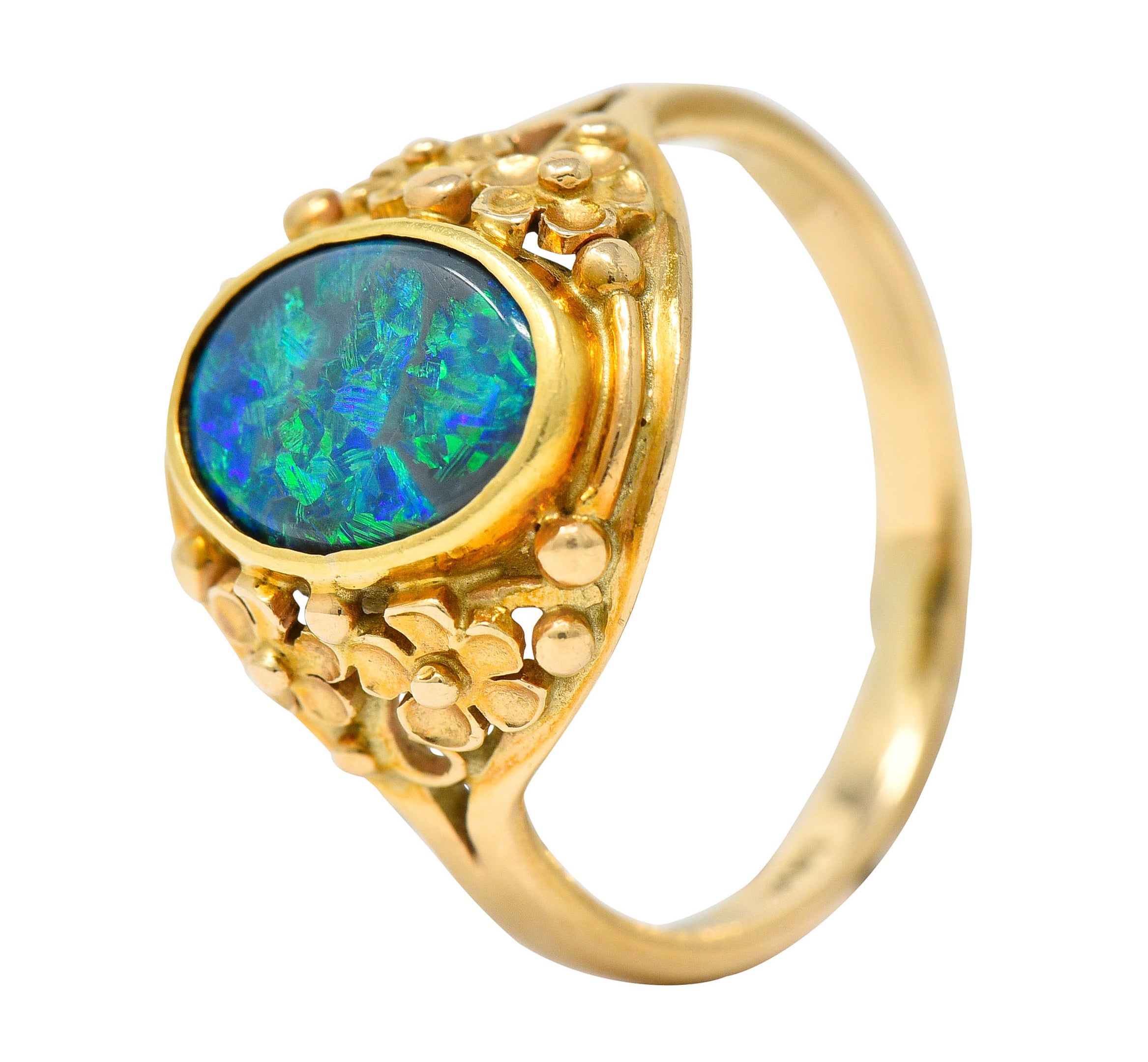 Art Nouveau 14 Karat Gold Black Opal Flower RingRing - Wilson's Estate Jewelry