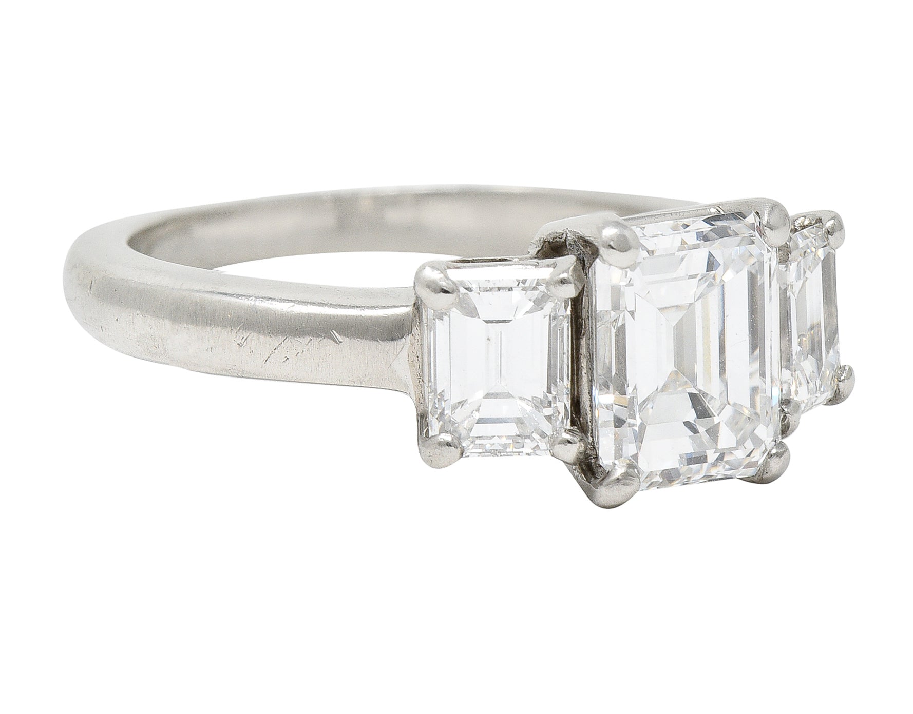 1950's Mid-Century 2.51 CTW Emerald Cut Diamond Platinum Three Stone Engagement Ring GIA Wilson's Estate Jewelry