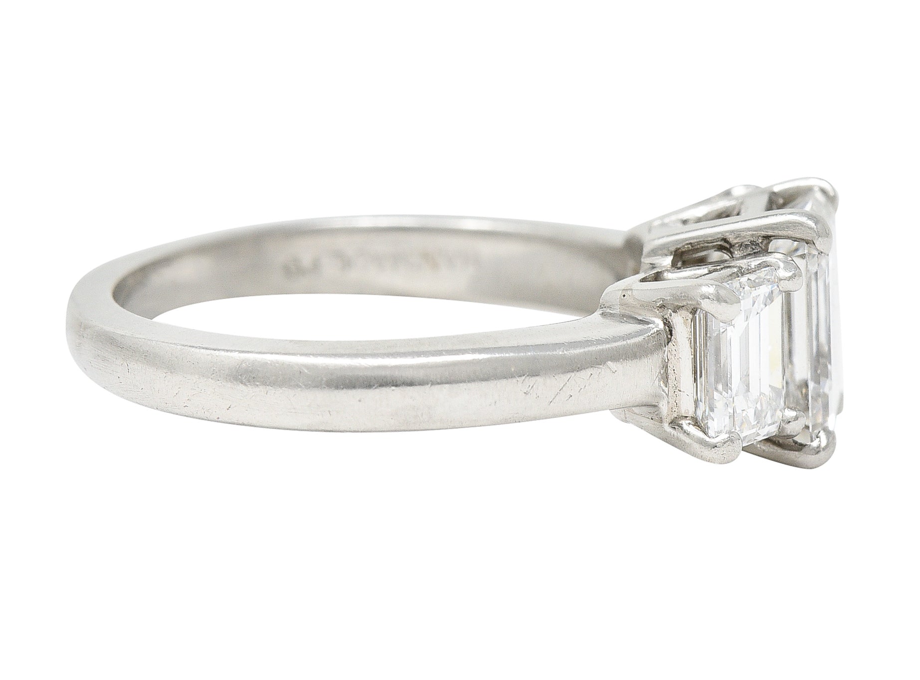 1950's Mid-Century 2.51 CTW Emerald Cut Diamond Platinum Three Stone Engagement Ring GIA Wilson's Estate Jewelry