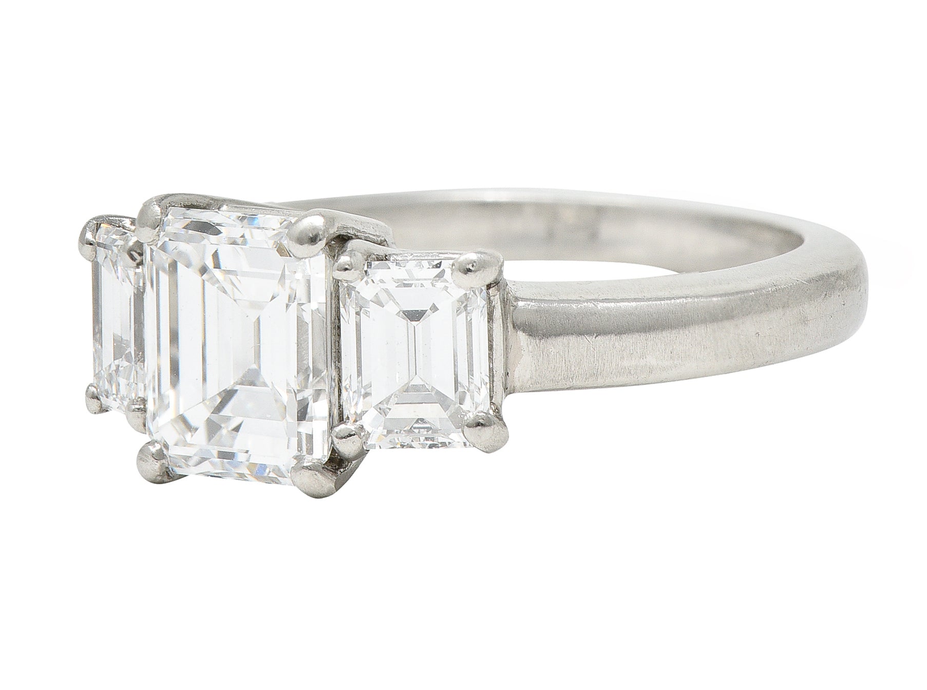 1950's Mid-Century 2.51 CTW Emerald Cut Diamond Platinum Three Stone Engagement Ring GIA Wilson's Estate Jewelry