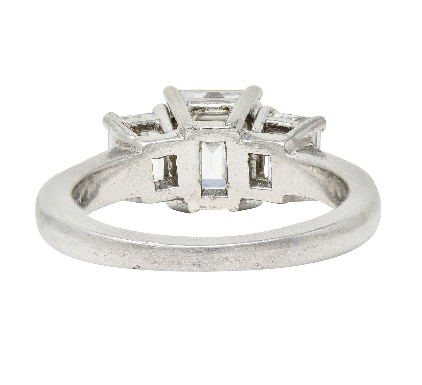 1950's Mid-Century 2.51 CTW Emerald Cut Diamond Platinum Three Stone Engagement Ring GIA Wilson's Estate Jewelry