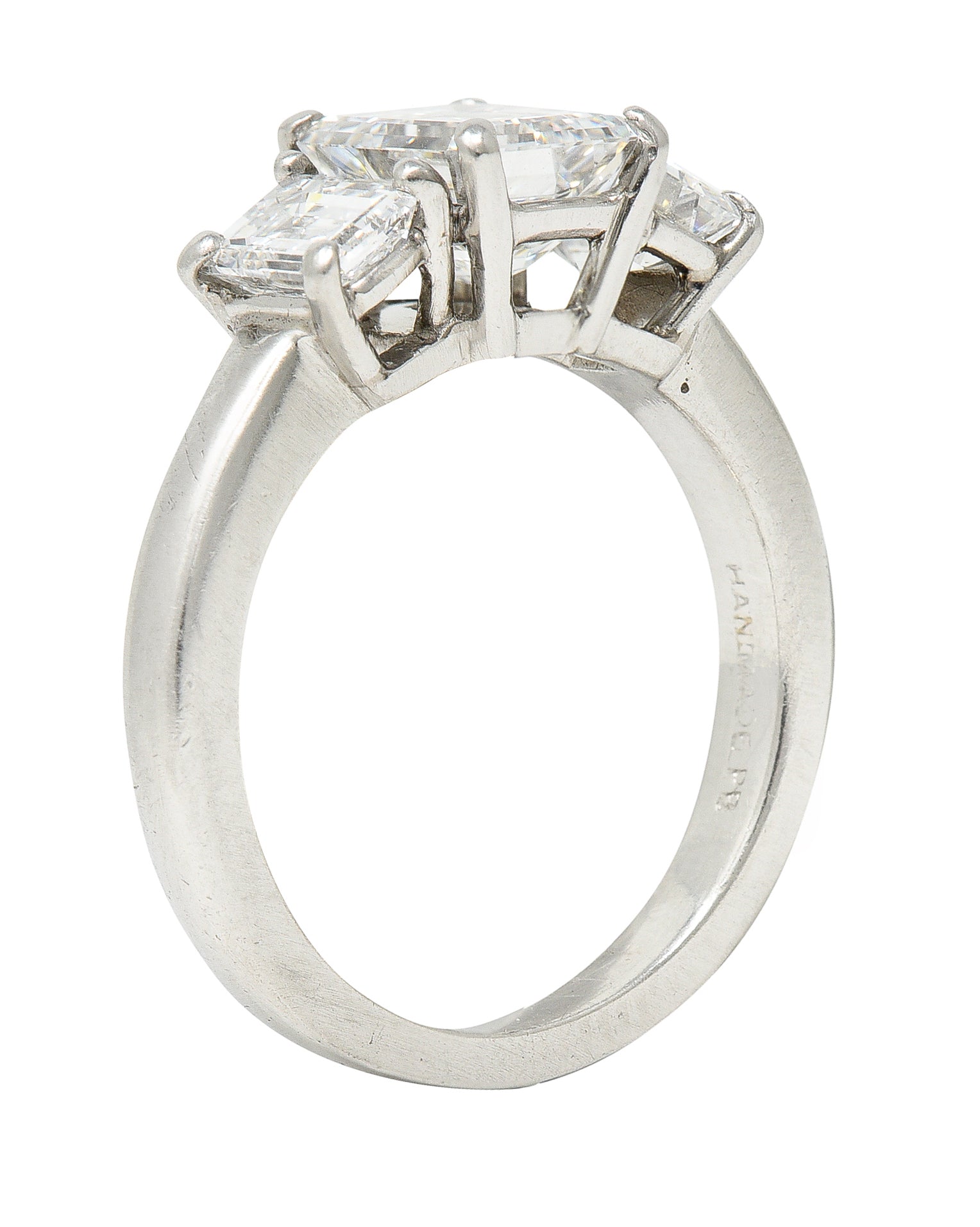1950's Mid-Century 2.51 CTW Emerald Cut Diamond Platinum Three Stone Engagement Ring GIA Wilson's Estate Jewelry