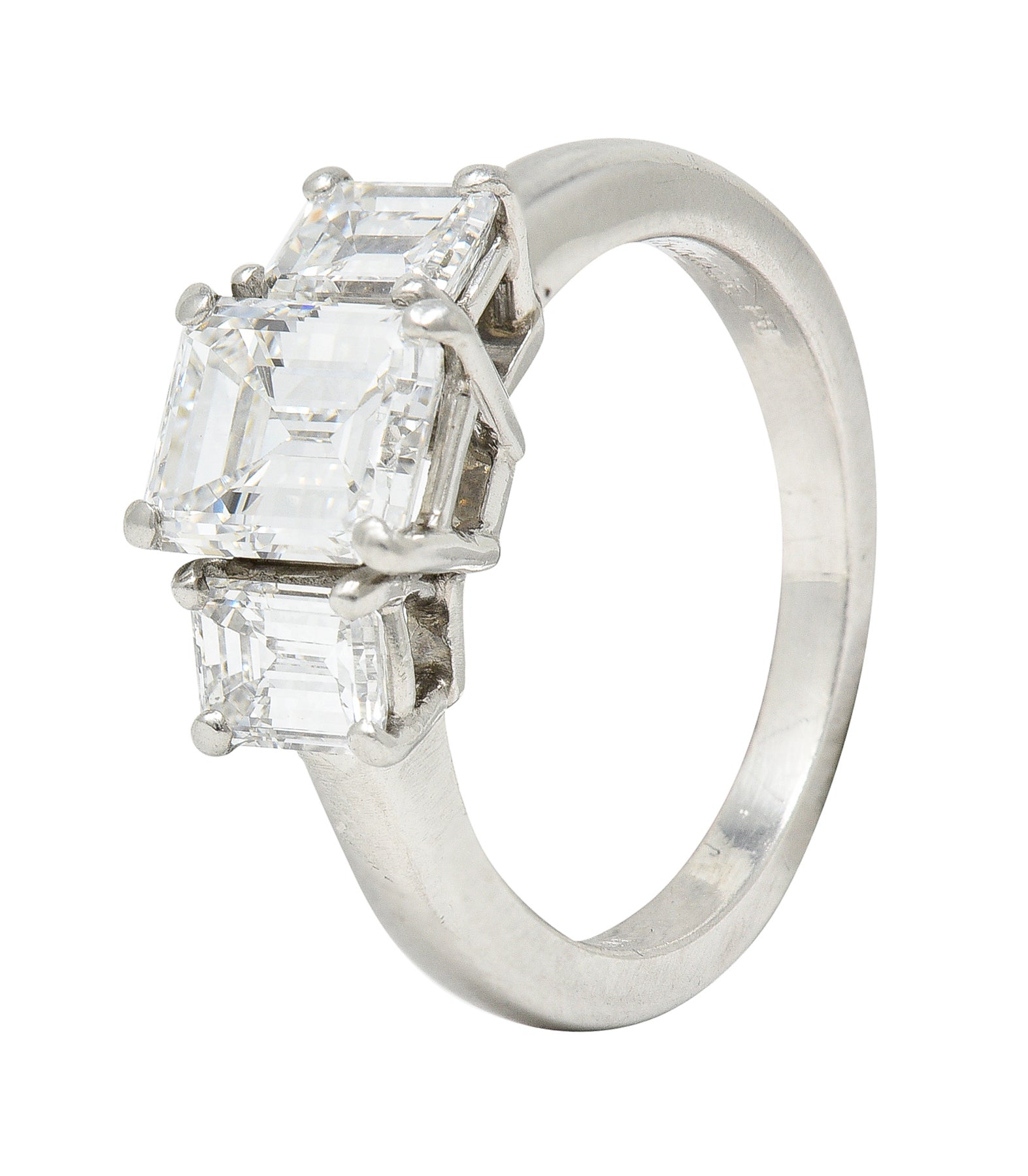 1950's Mid-Century 2.51 CTW Emerald Cut Diamond Platinum Three Stone Engagement Ring GIA Wilson's Estate Jewelry