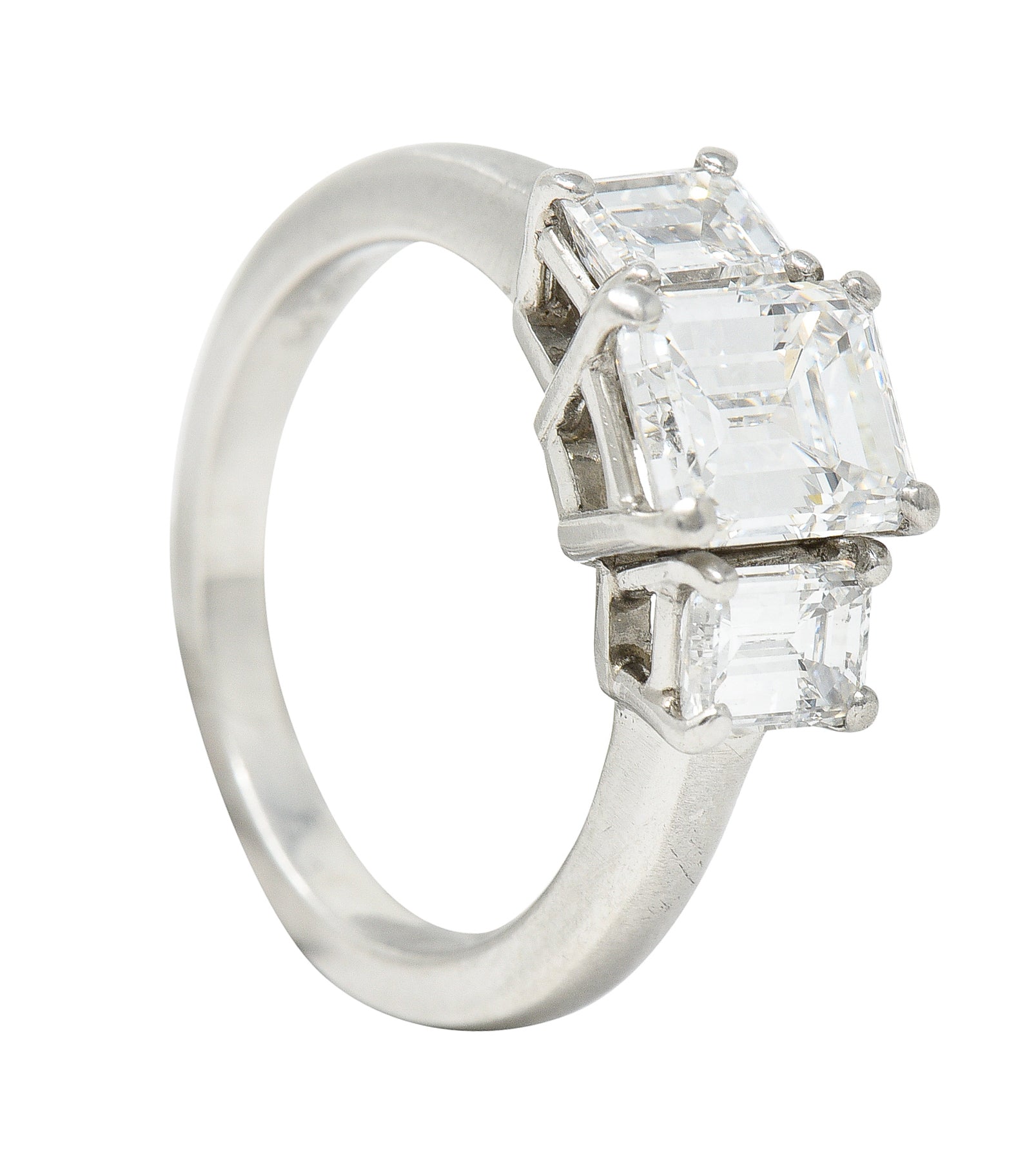 1950's Mid-Century 2.51 CTW Emerald Cut Diamond Platinum Three Stone Engagement Ring GIA Wilson's Estate Jewelry