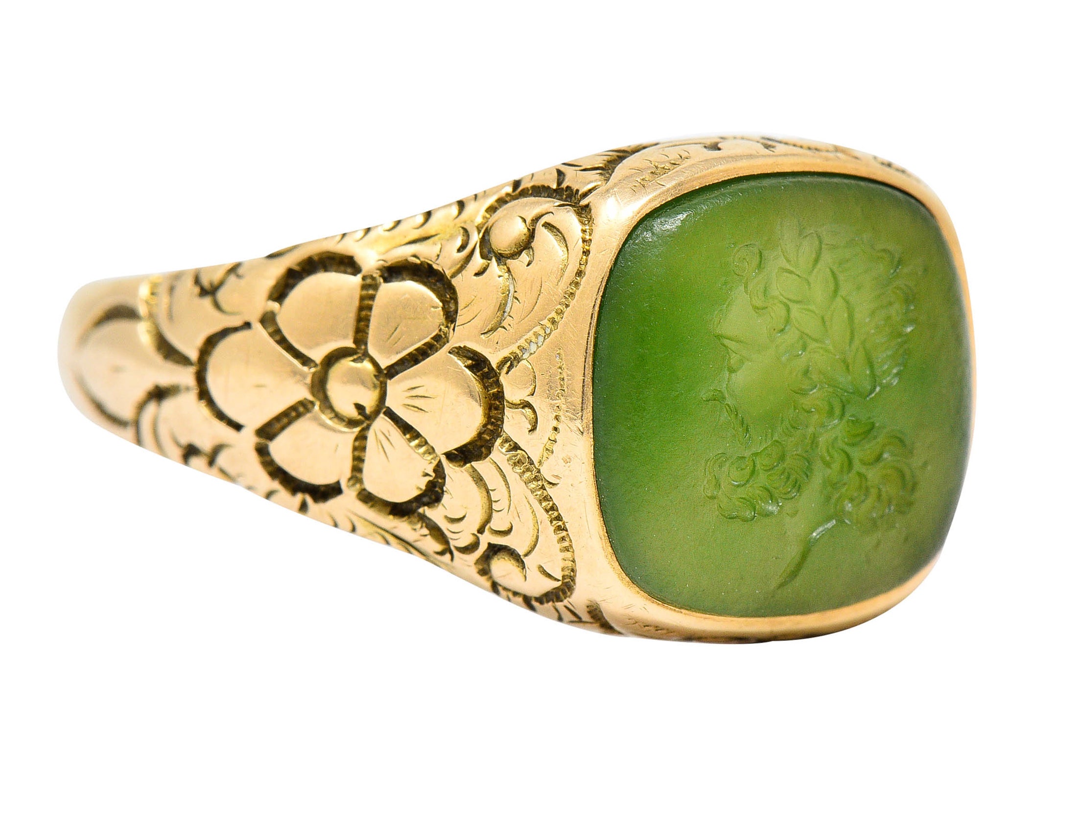 Art Nouveau Nephrite Intaglio 14 Karat Gold Zeus Signet RingRing - Wilson's Estate Jewelry