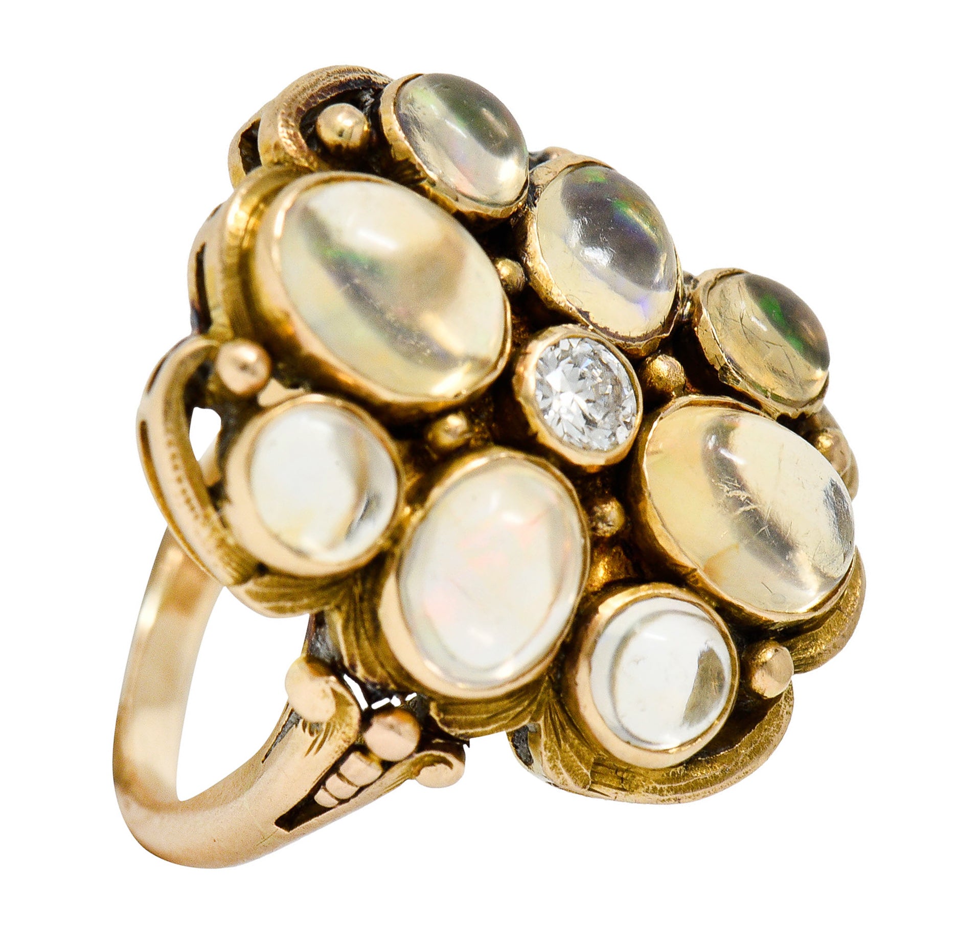 1900 Art Nouveau Diamond Jelly Opal 14 Karat Gold Cluster RingRing - Wilson's Estate Jewelry