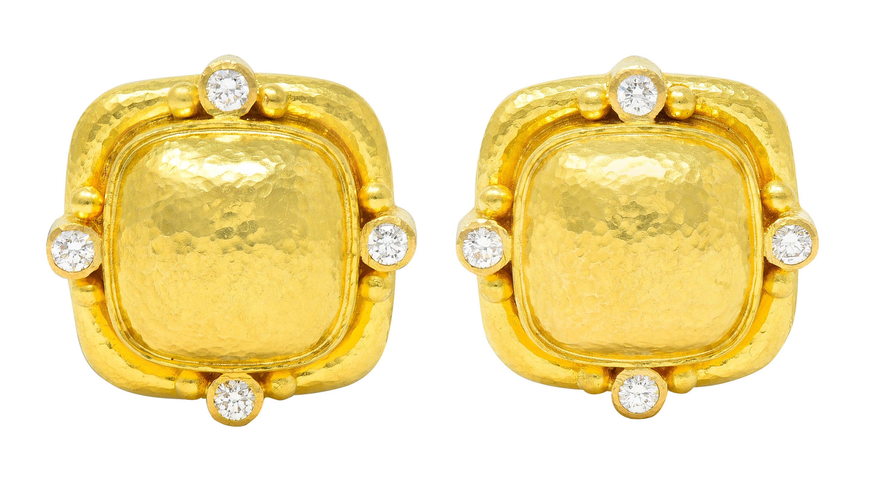 Elizabeth Locke Diamond 19 Karat Hammered Gold Cushion EarringsEarrings - Wilson's Estate Jewelry