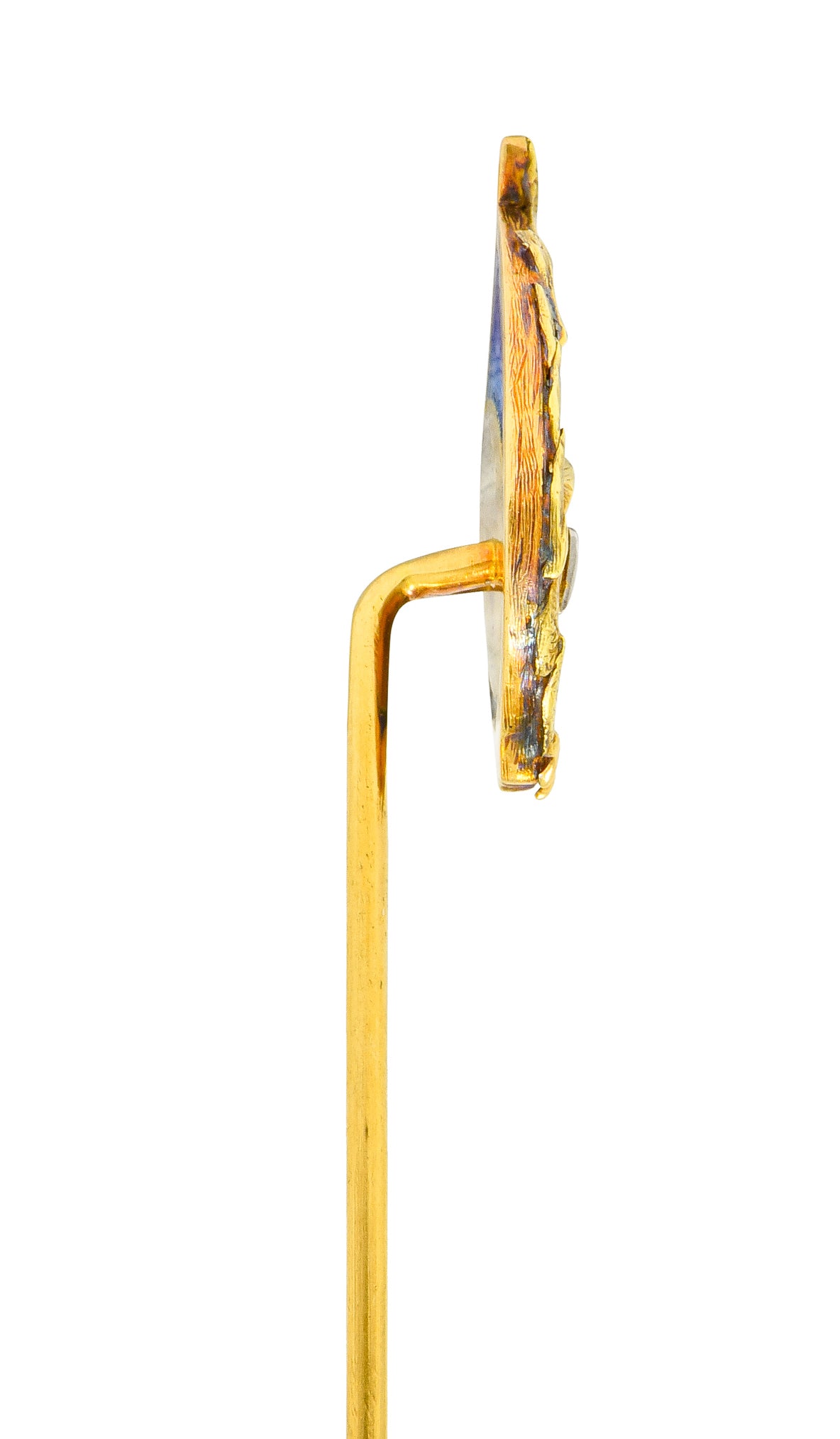 Arts & Crafts Plique-à-Jour Enamel Ruby 18 Karat Gold Foliate Owl Stickpin - Wilson's Estate Jewelry