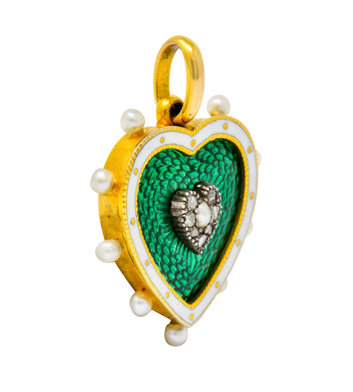 Victorian Green Enamel Pearl Diamond 18 Karat Gold Heart Pendant - Wilson's Estate Jewelry