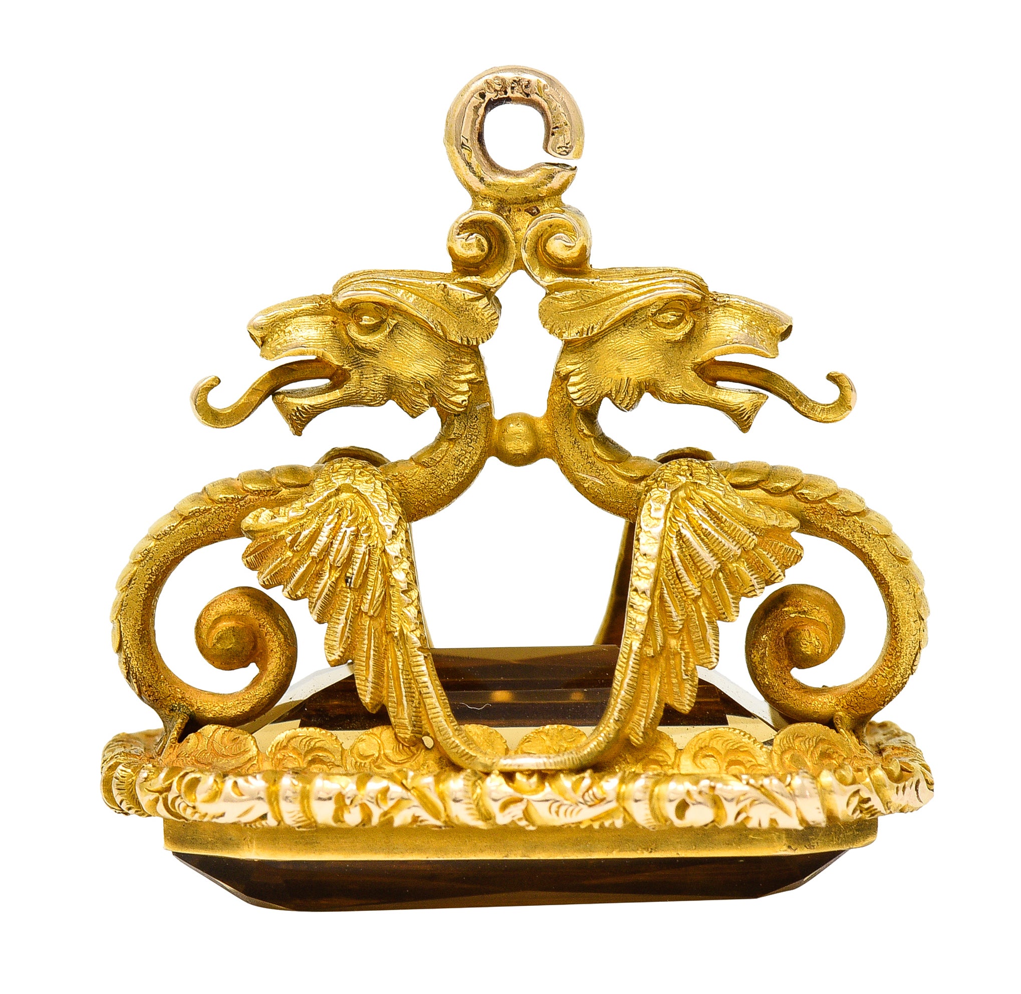 Art Nouveau Citrine 18 Karat Yellow Gold Serpent Dragon Fob Pendant Charm Wilson's Estate Jewelry
