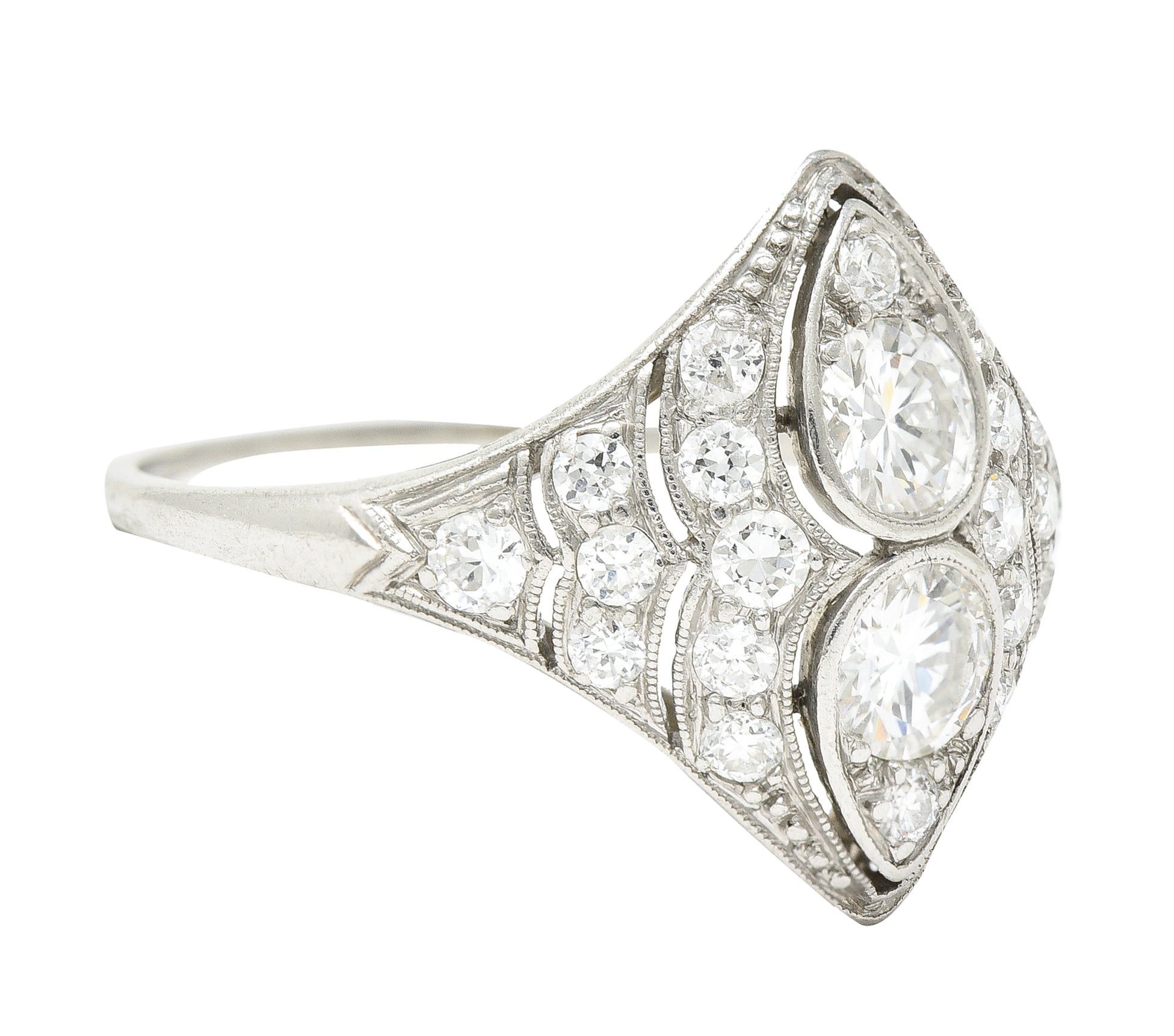 WM Wise Art Deco 1.18 CTW Old European Cut Diamond Platinum Navette Dinner Ring Wilson's Estate Jewelry
