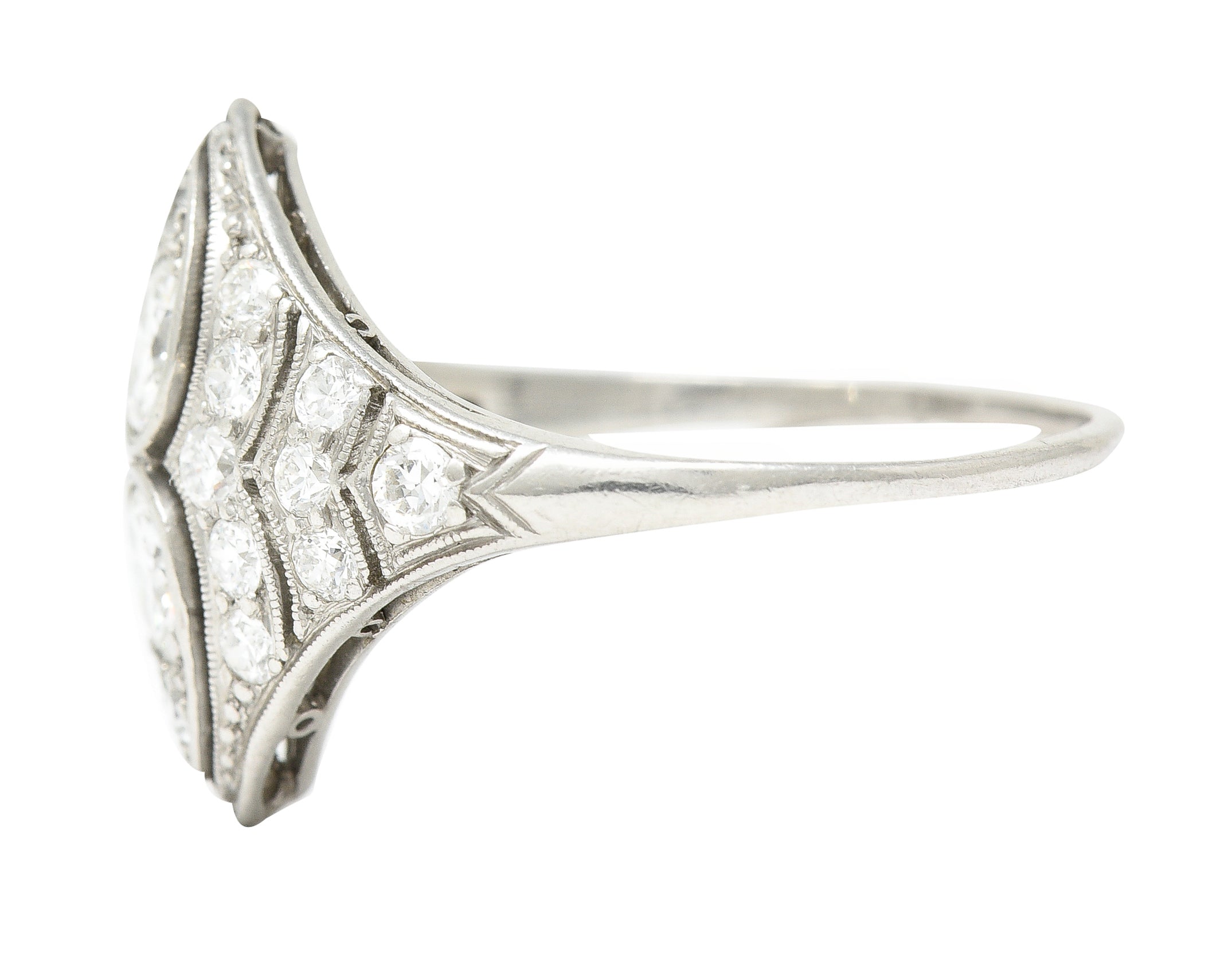 WM Wise Art Deco 1.18 CTW Old European Cut Diamond Platinum Navette Dinner Ring Wilson's Estate Jewelry