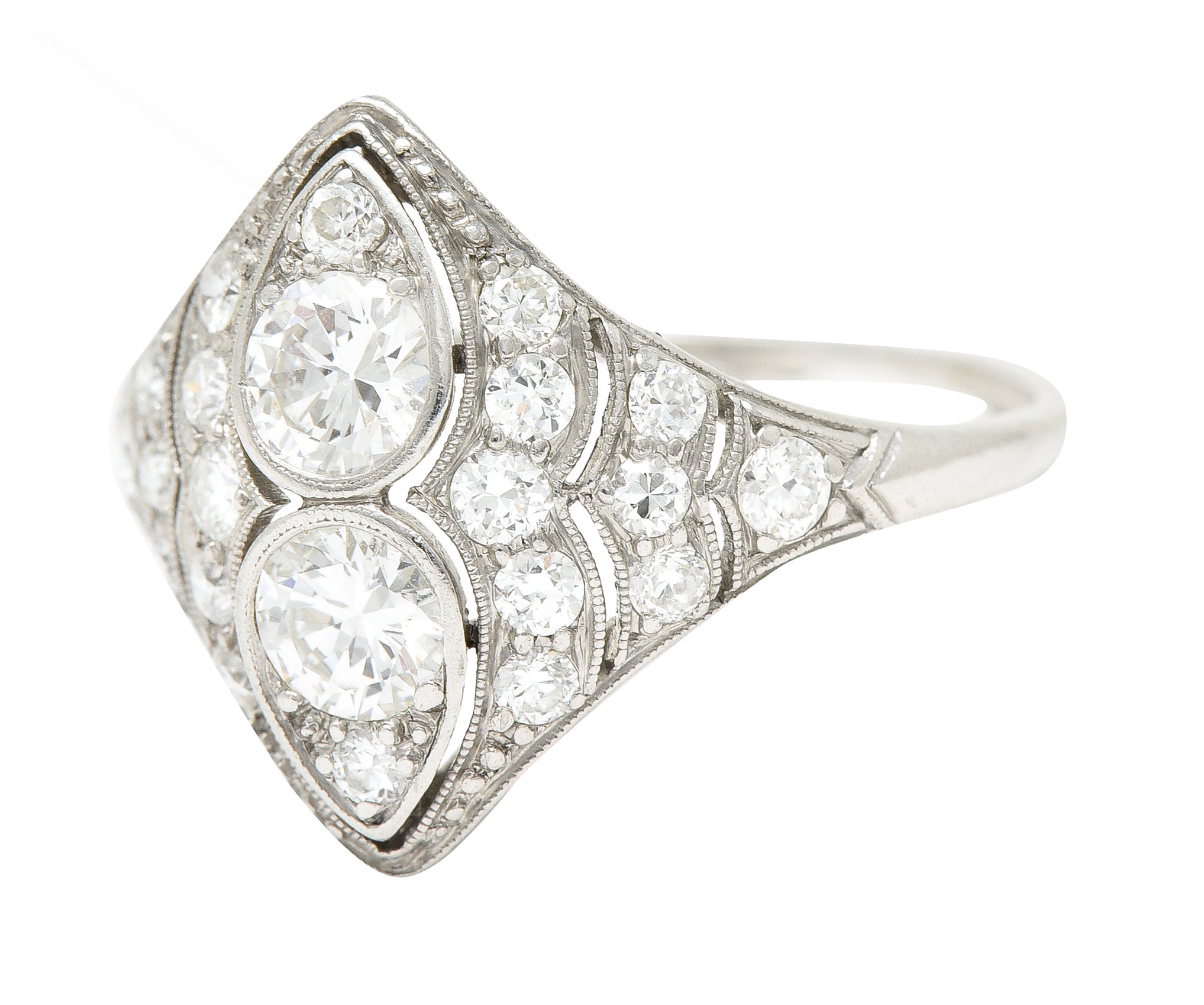 WM Wise Art Deco 1.18 CTW Old European Cut Diamond Platinum Navette Dinner Ring Wilson's Estate Jewelry